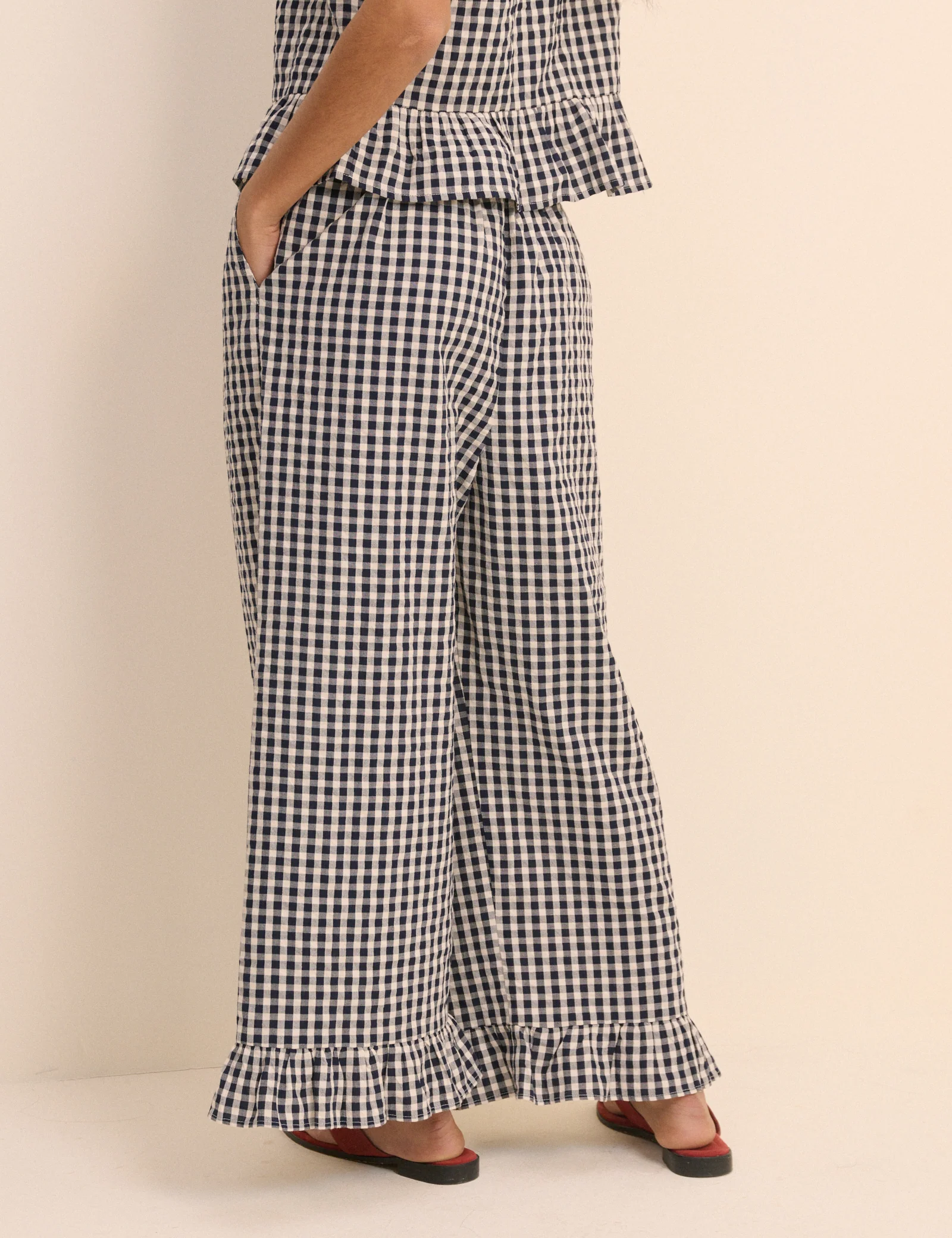 Navy Gingham Wide Leg Sia Trousers - Image 5