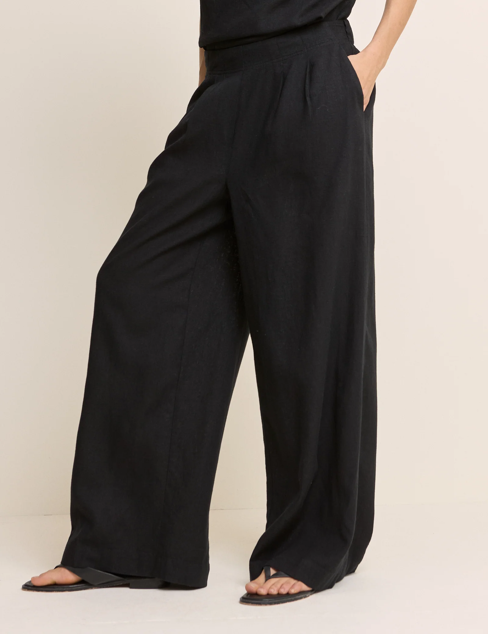 Black Linen-Blend Wide Leg Trousers - Image 2