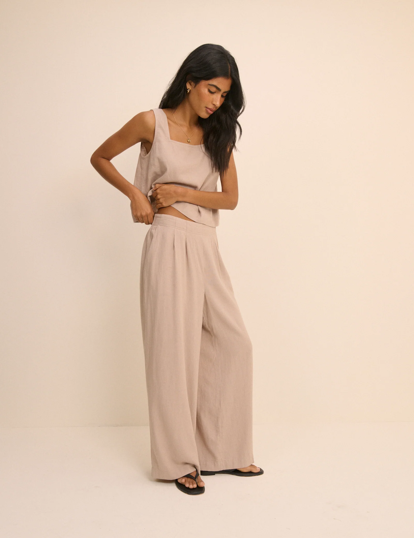 Sand Linen-Blend Silsoe Clean Wide Leg Trousers - Image 2