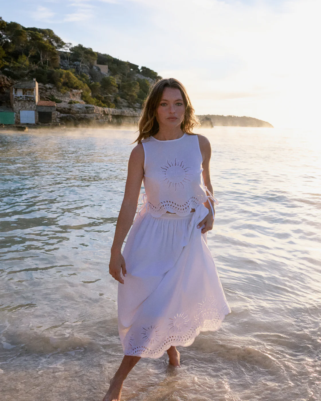 White Cutwork Scallop Hem Sintra Midi Skirt