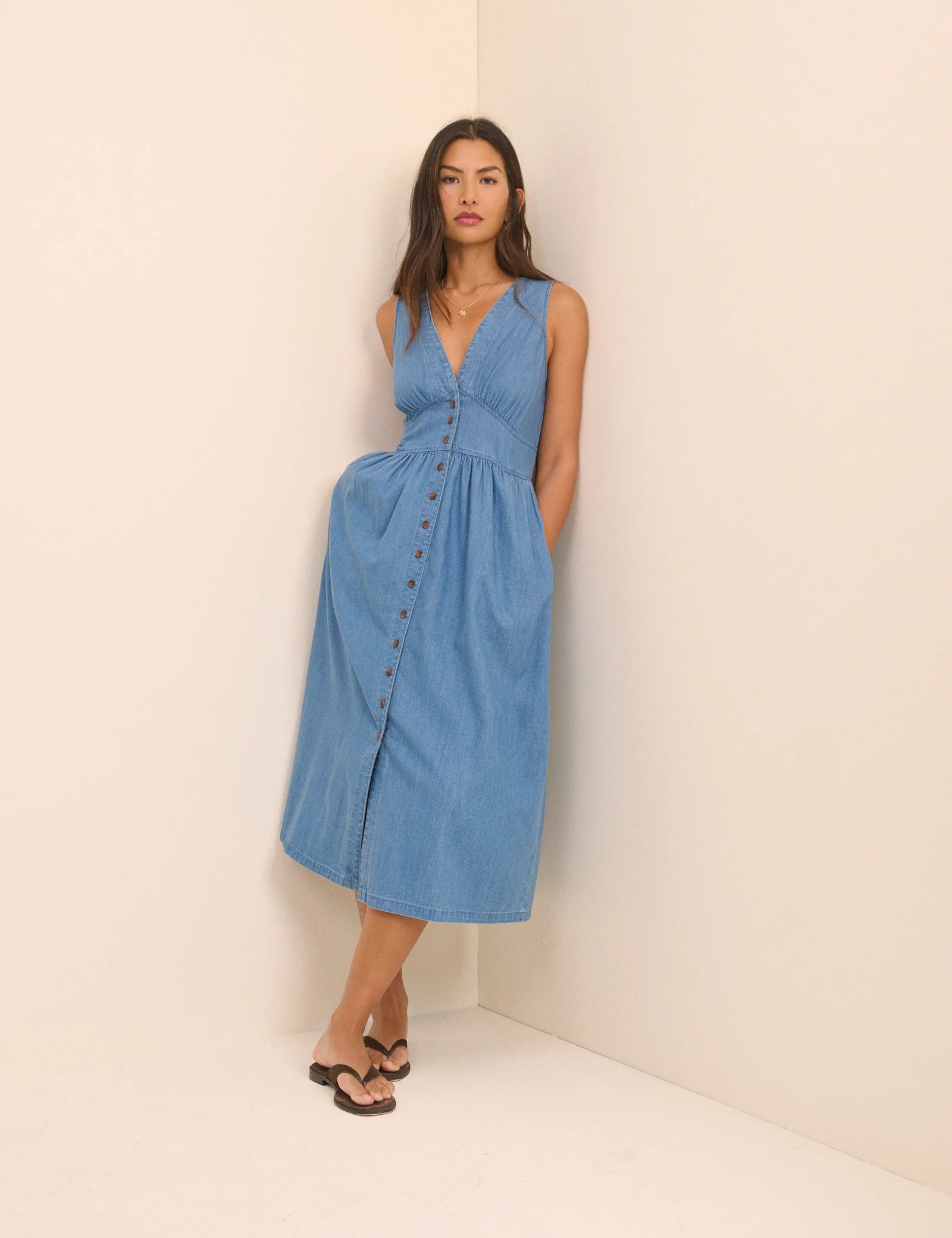 Mid-Wash Blue Denim Sleeveless Starlight Midi Dress
