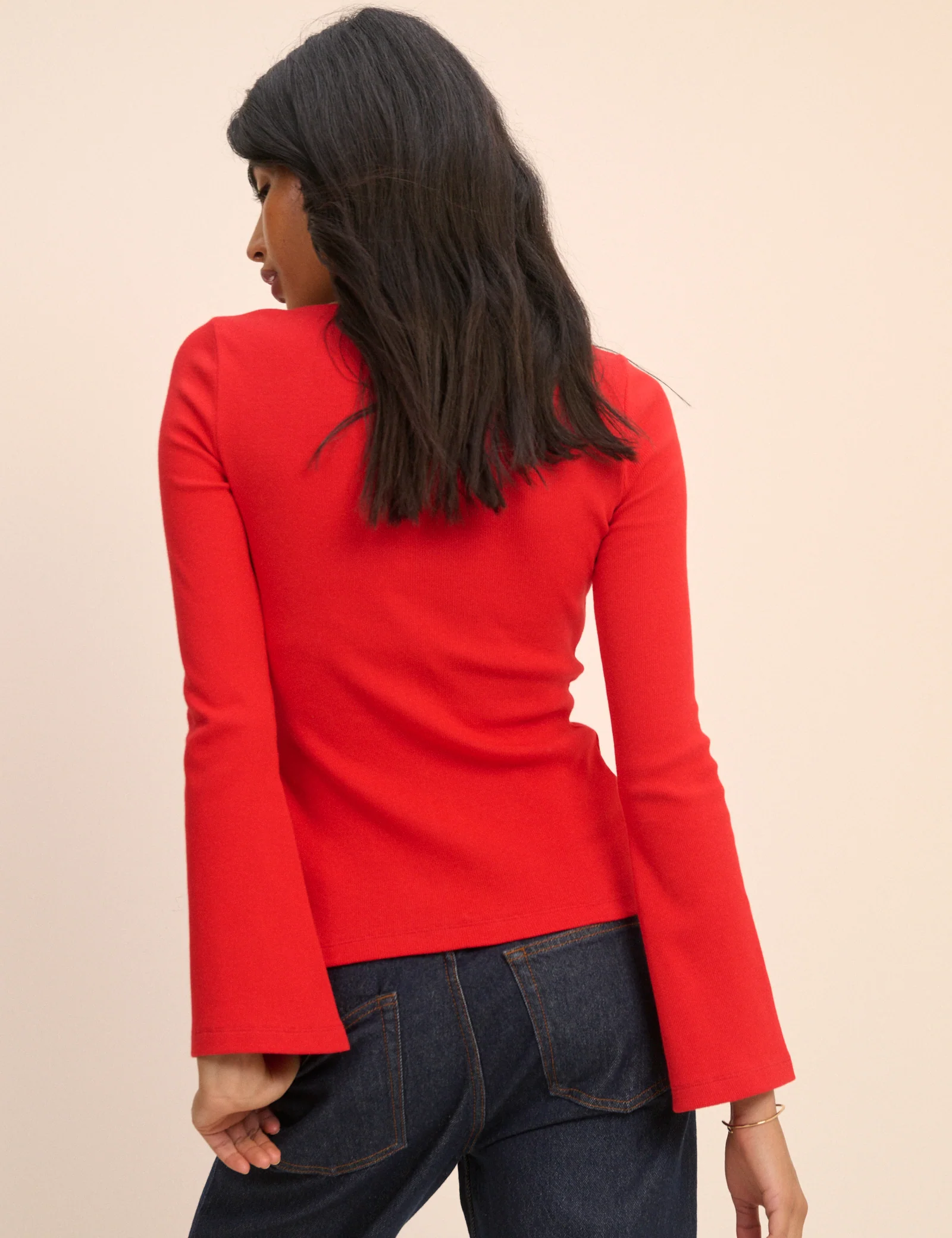 Red Ribbed Flared Sleeve Cardigan - Image 5