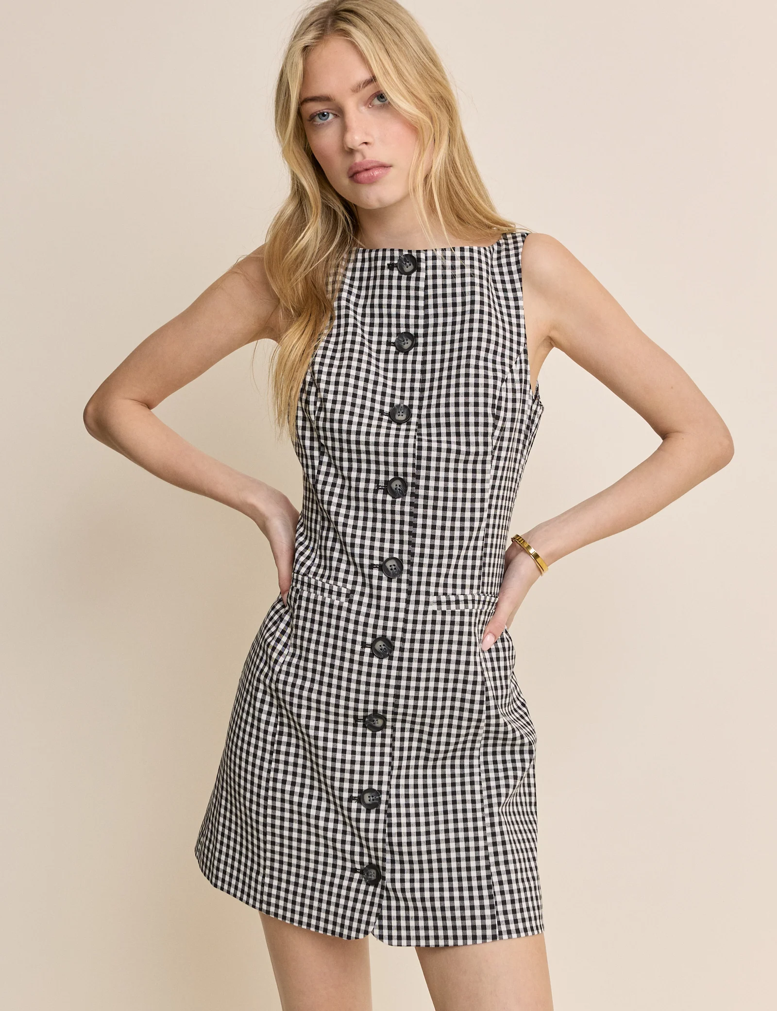 Black Gingham Slash Neck Tailored Mini Dress