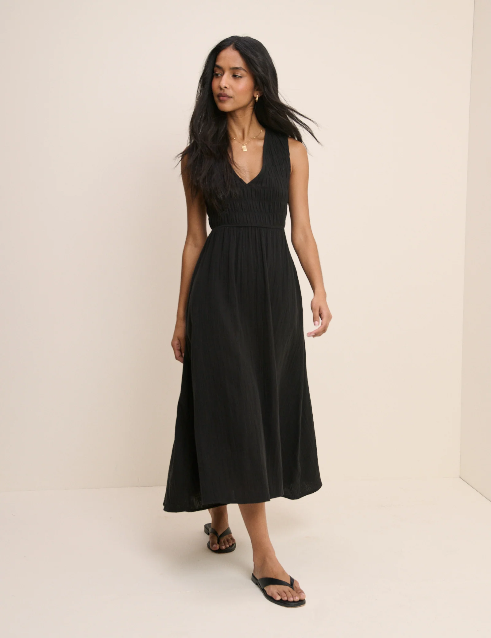 Black Shirred Sleeveless Audrey Midi Dress
