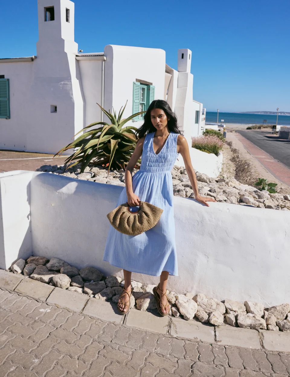 Blue Ruched Sleeveless Audrey Midi Dress