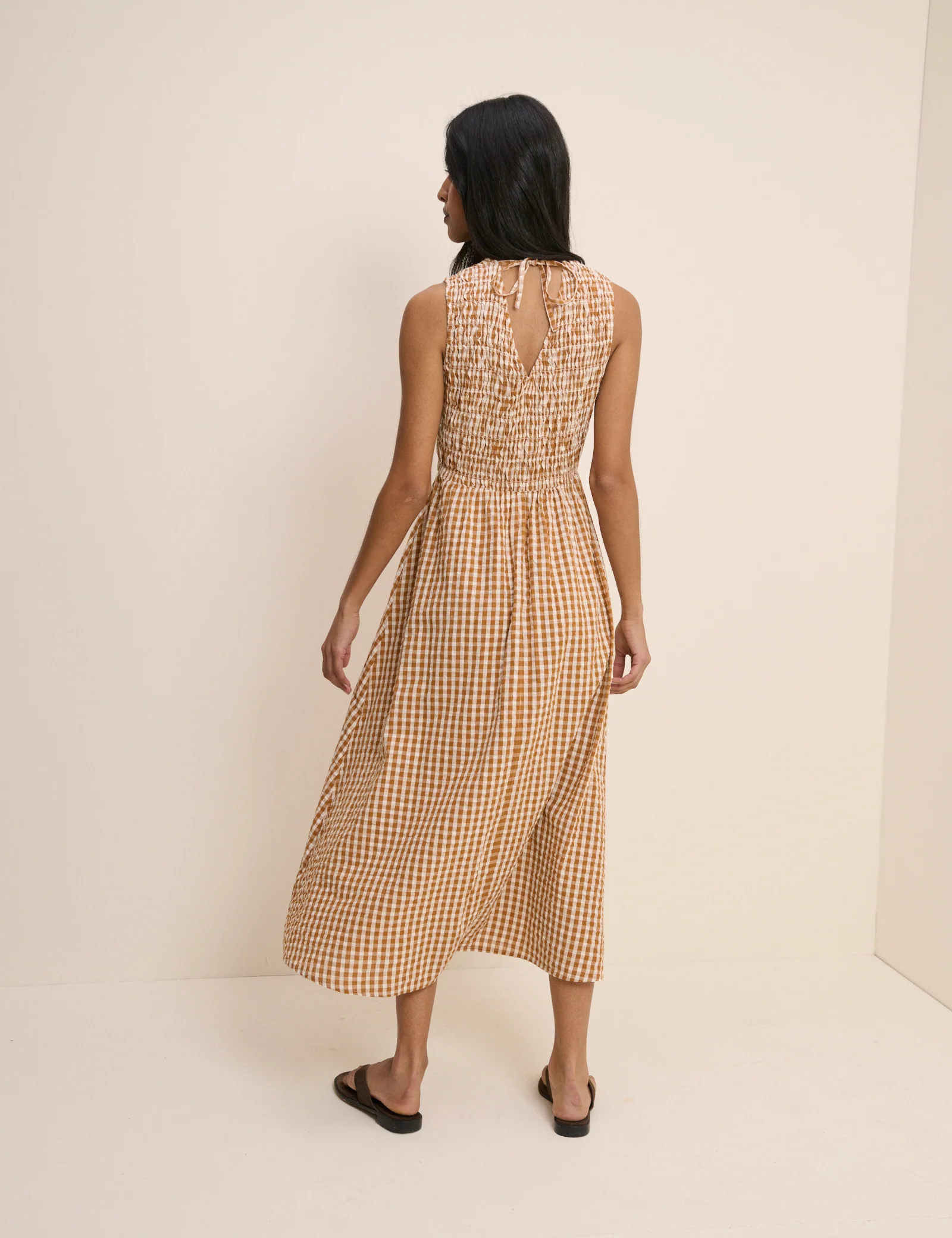 Orange Gingham Shirred Audrey Midi Dress - Image 5