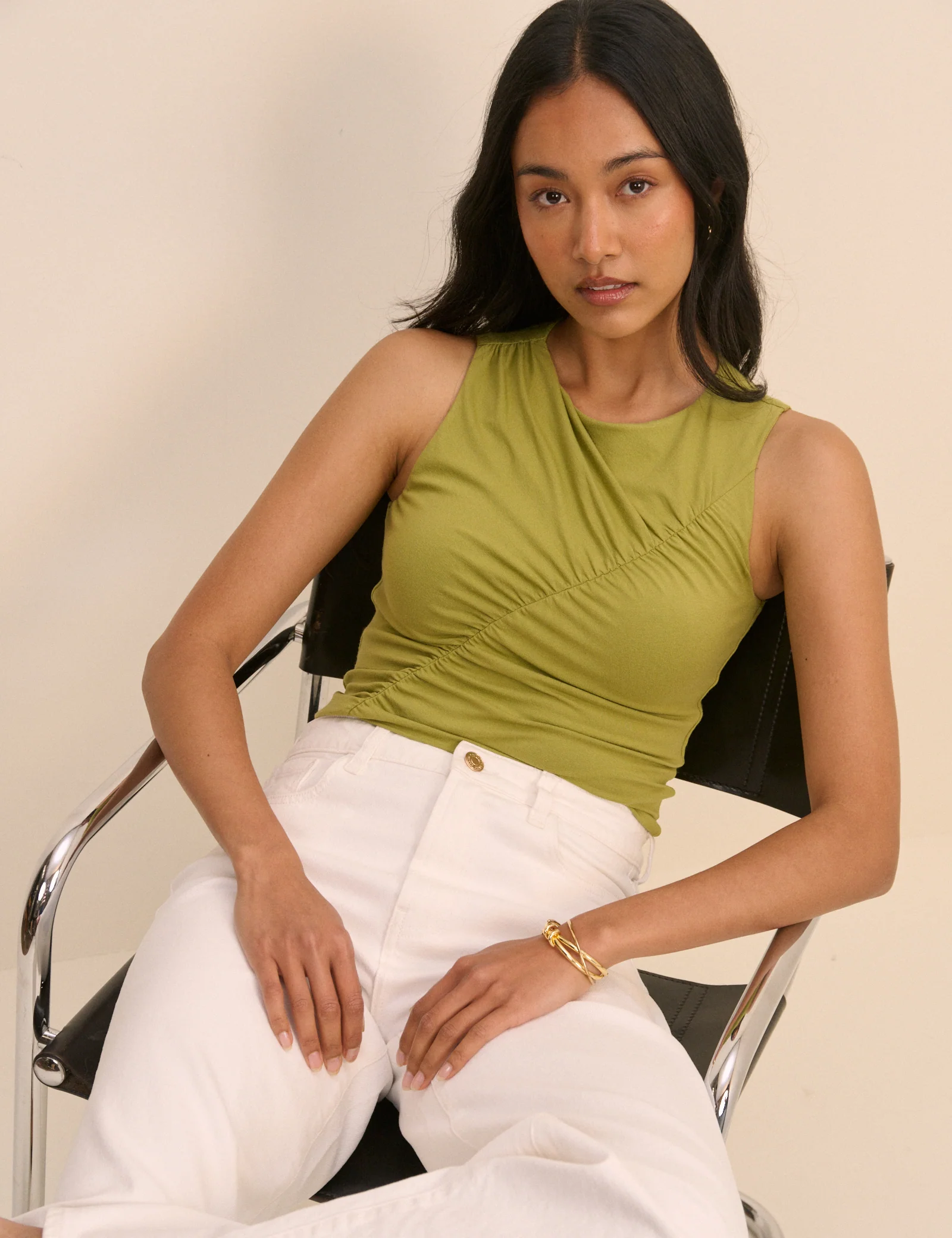 Pistachio Green Sleeveless Ruched Top - Image 3