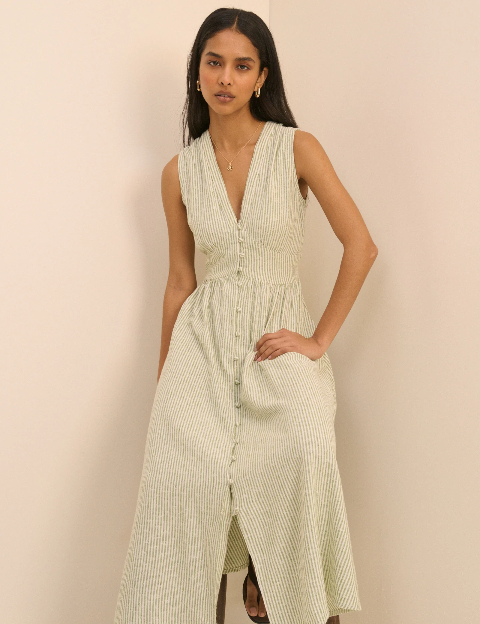 Green Pinstripe Sleeveless Starlight Midi Dress - Image 3