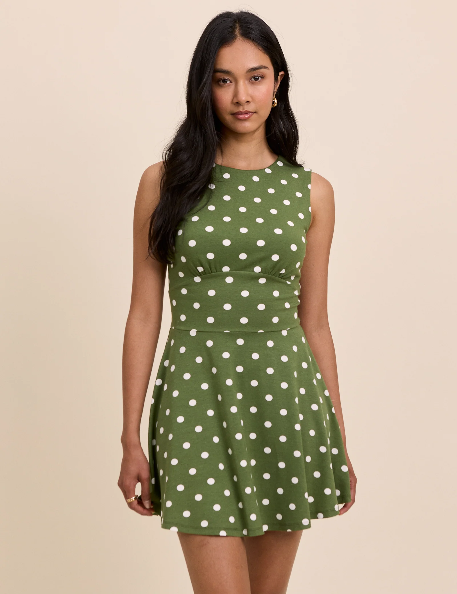Green Polka Dot Jersey Sleeveless Tate Mini Dress - Image 3