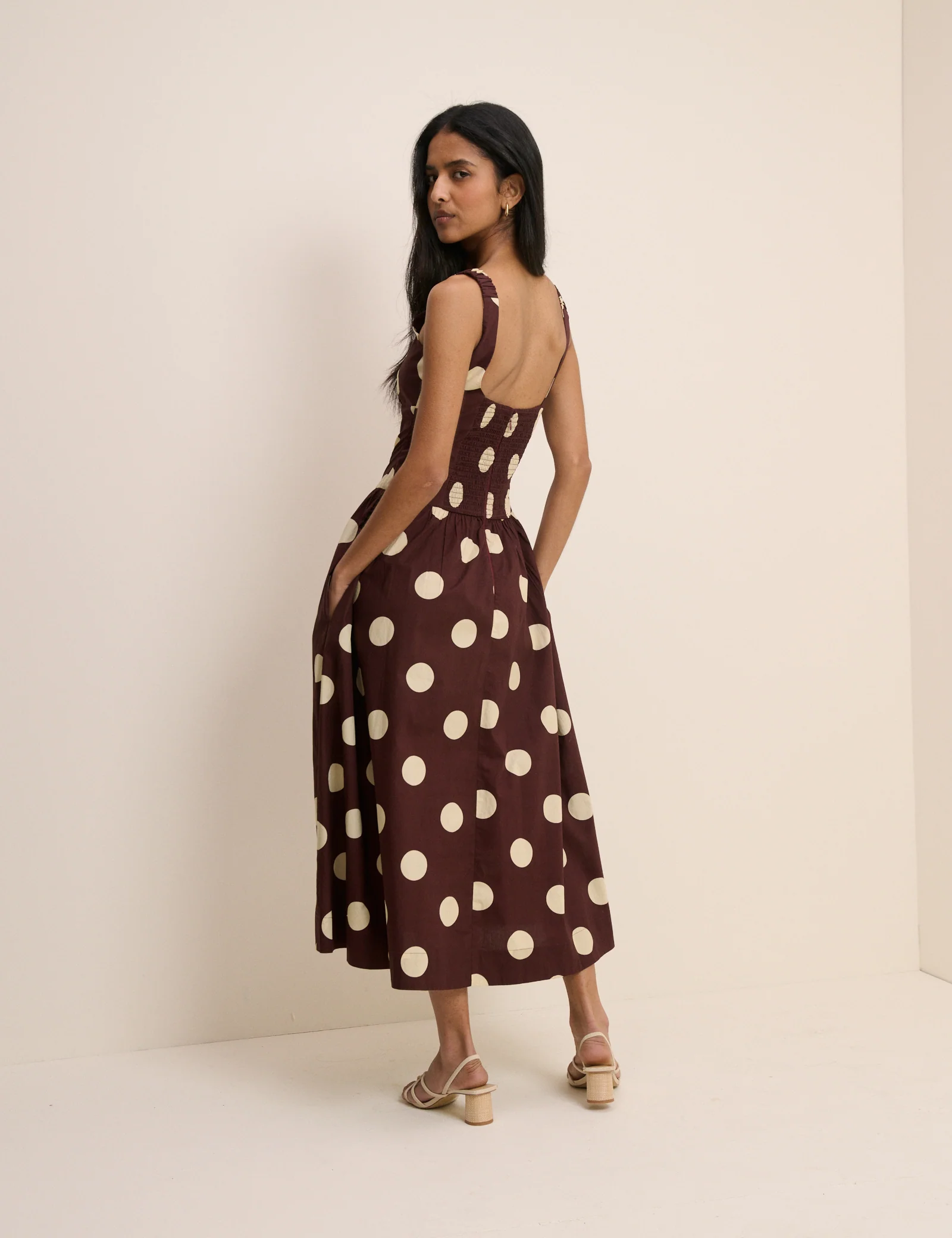 Brown and Cream Polka Dot Panelled Soraya Midi Dress - Image 4