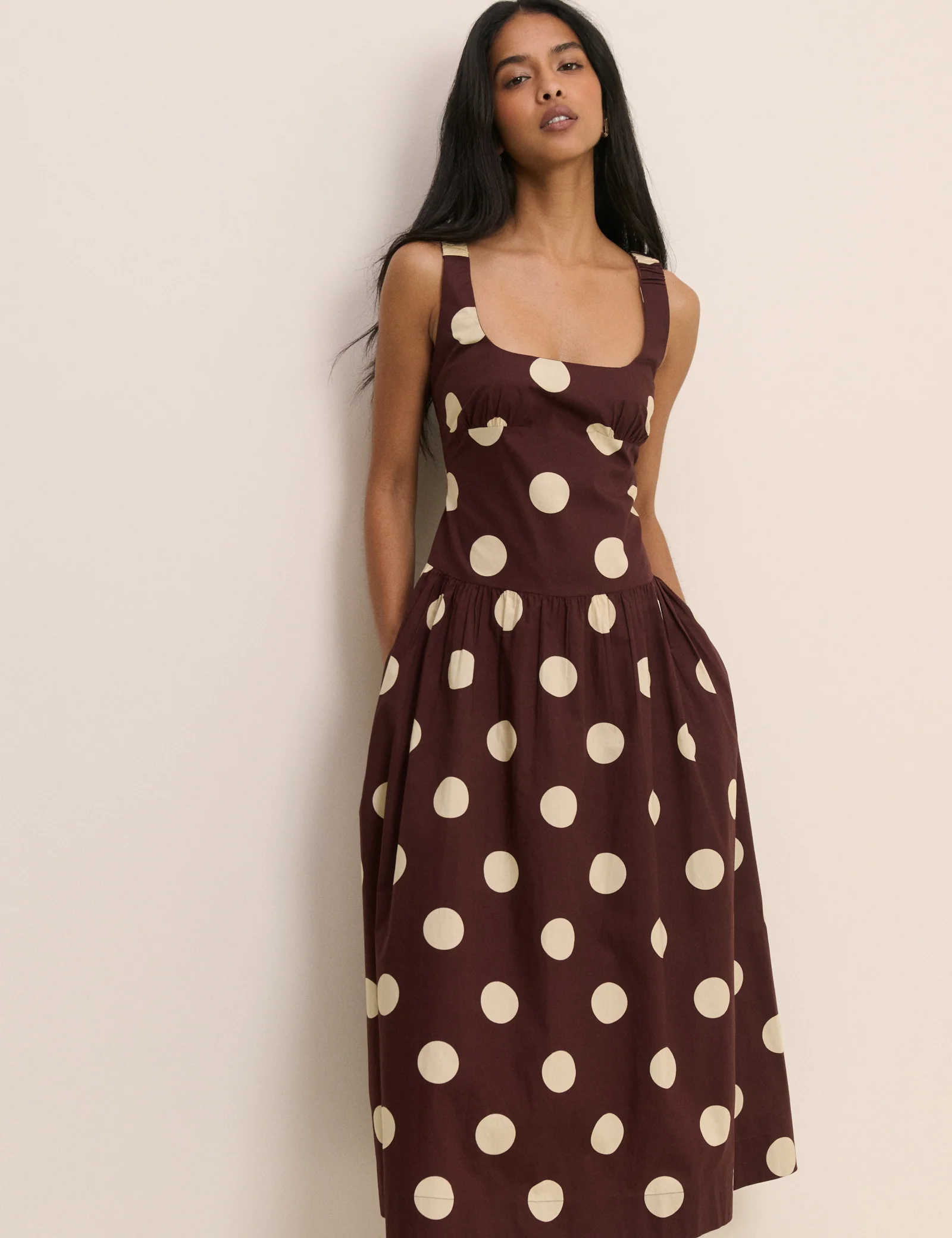 Brown and Cream Polka Dot Panelled Soraya Midi Dress - Image 5
