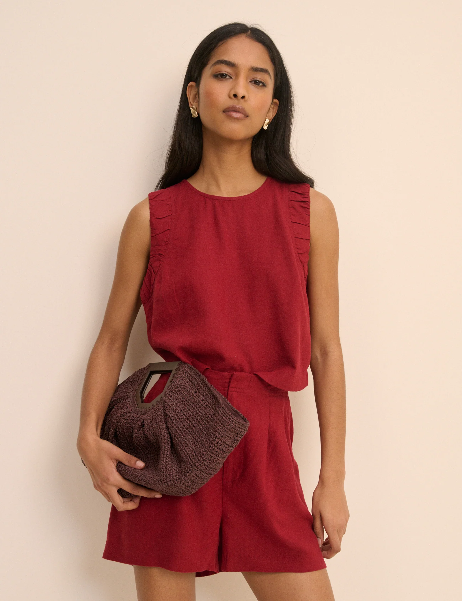 Red Linen-Blend Ruched Spencer Tank - Image 4
