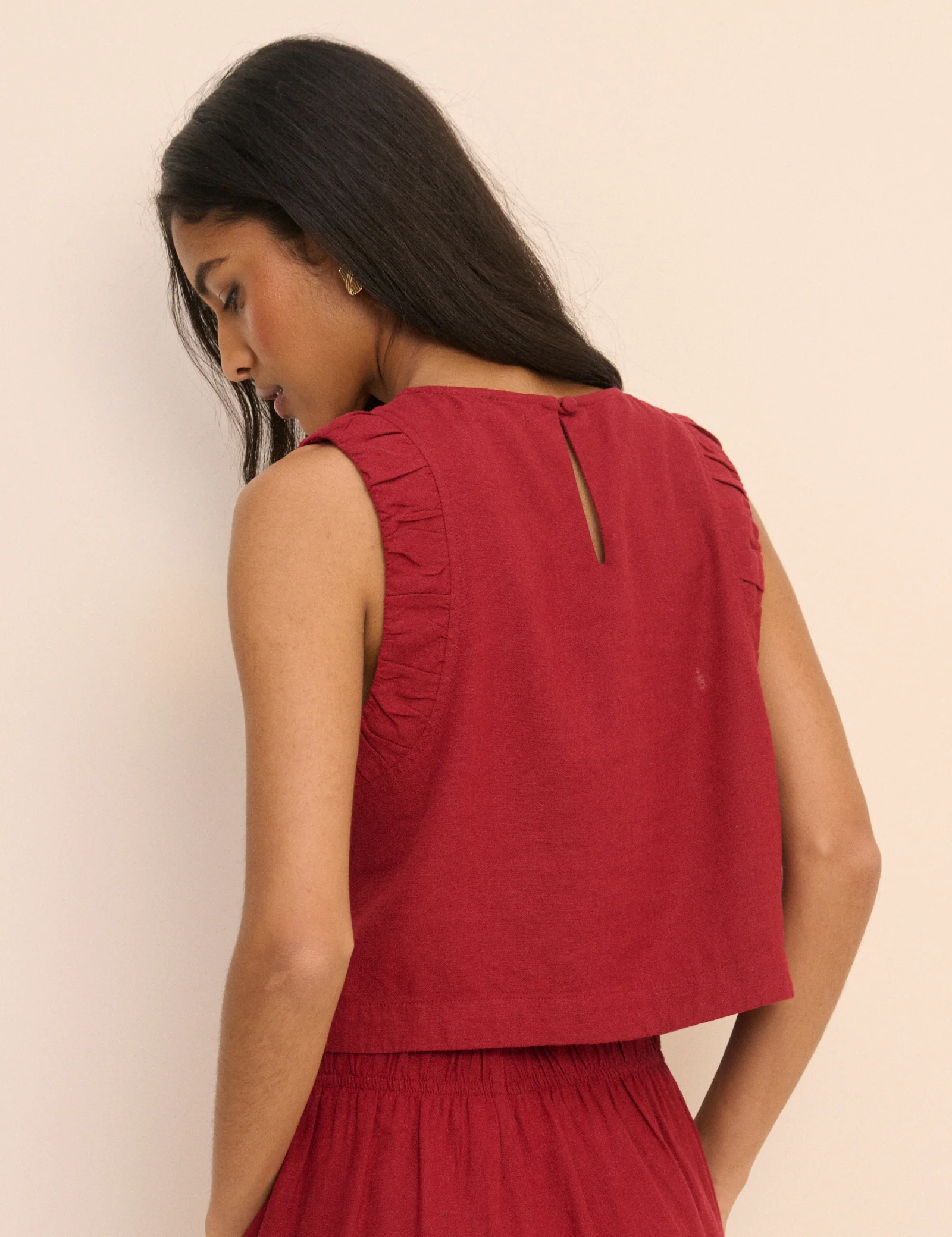 Red Linen-Blend Ruched Spencer Tank - Image 5