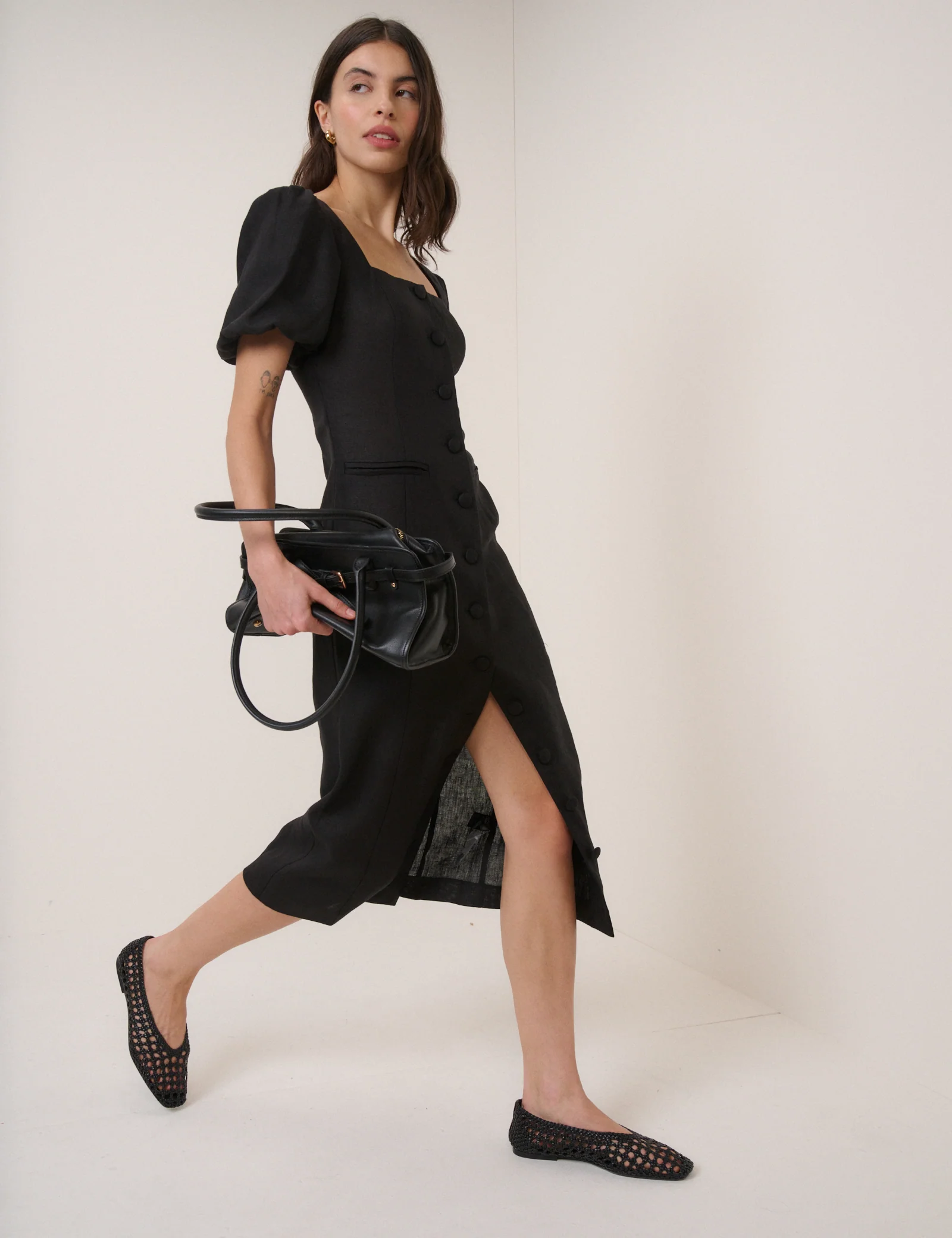 Black Linen-Blend Tailored Midi Dress - Image 3