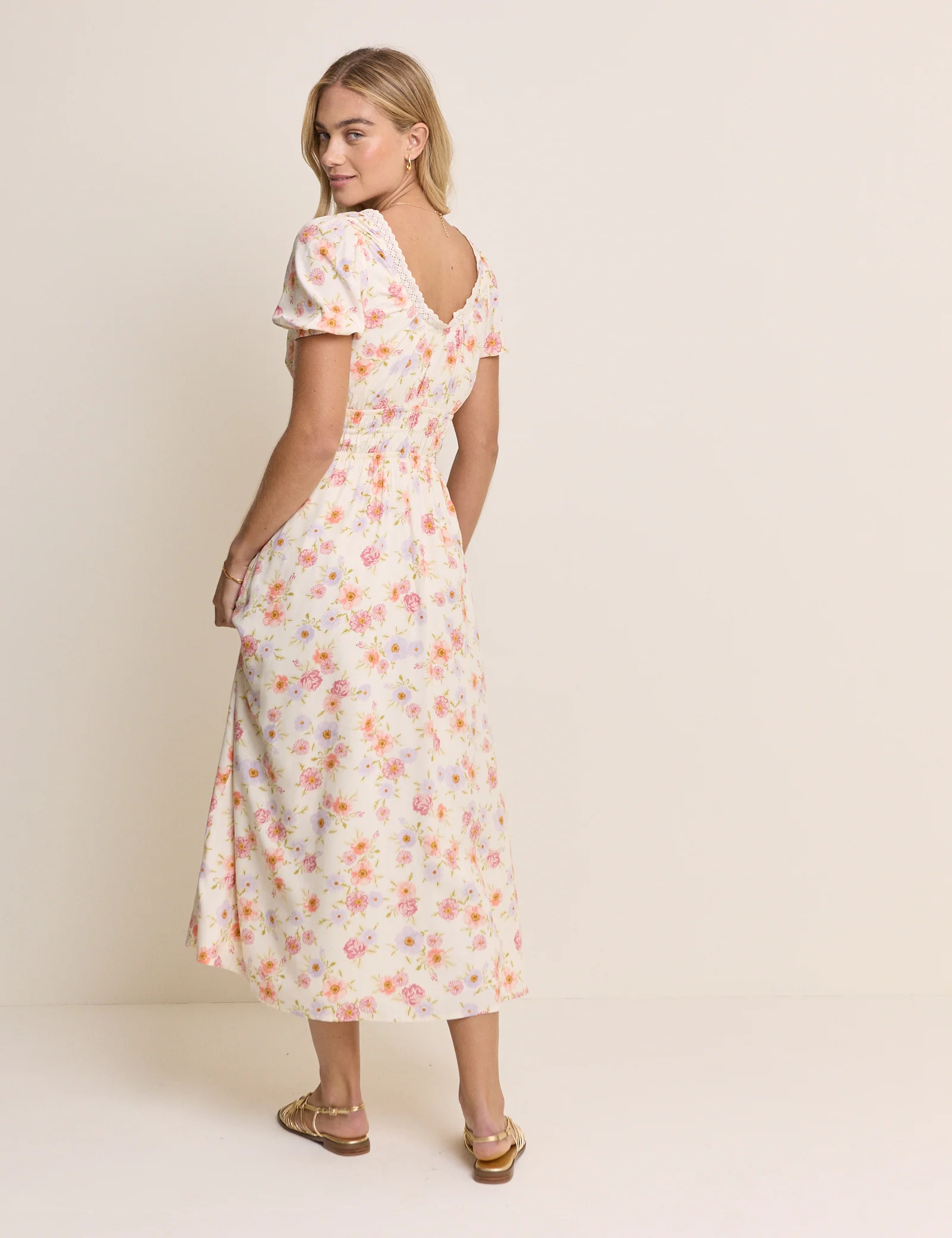 White Floral Short Sleeve Isabella Midi Dress - Image 5