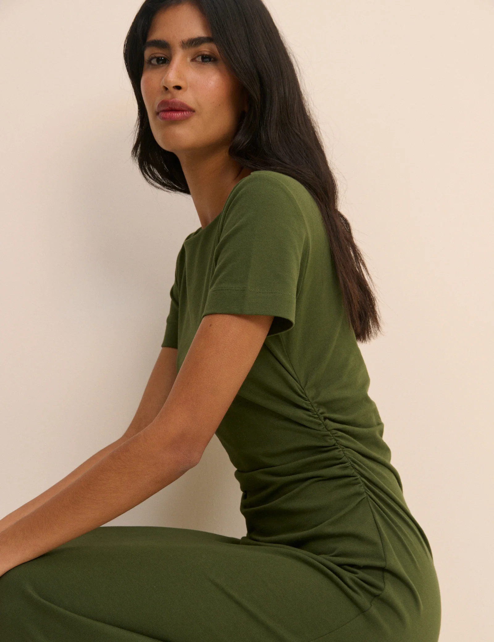 Khaki Ruched Jersey Jordan Midi Dress - Image 4