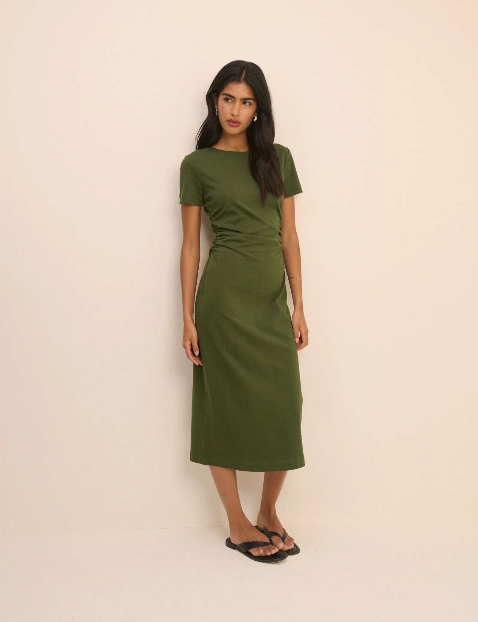 Khaki Ruched Jersey Jordan Midi Dress - Image 6