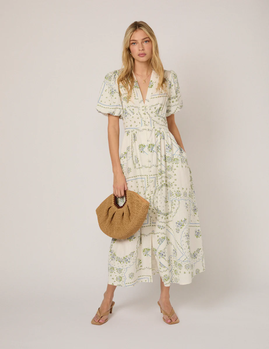 White Short Sleeve Floral Starlight Midi Dress