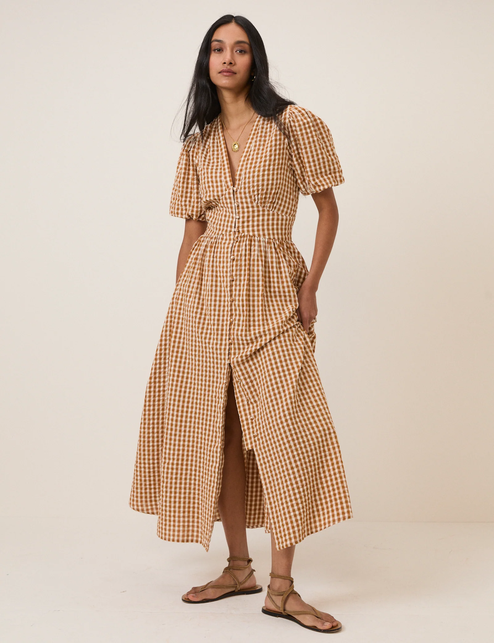 Orange Gingham Short Sleeve Starlight Midi Dress