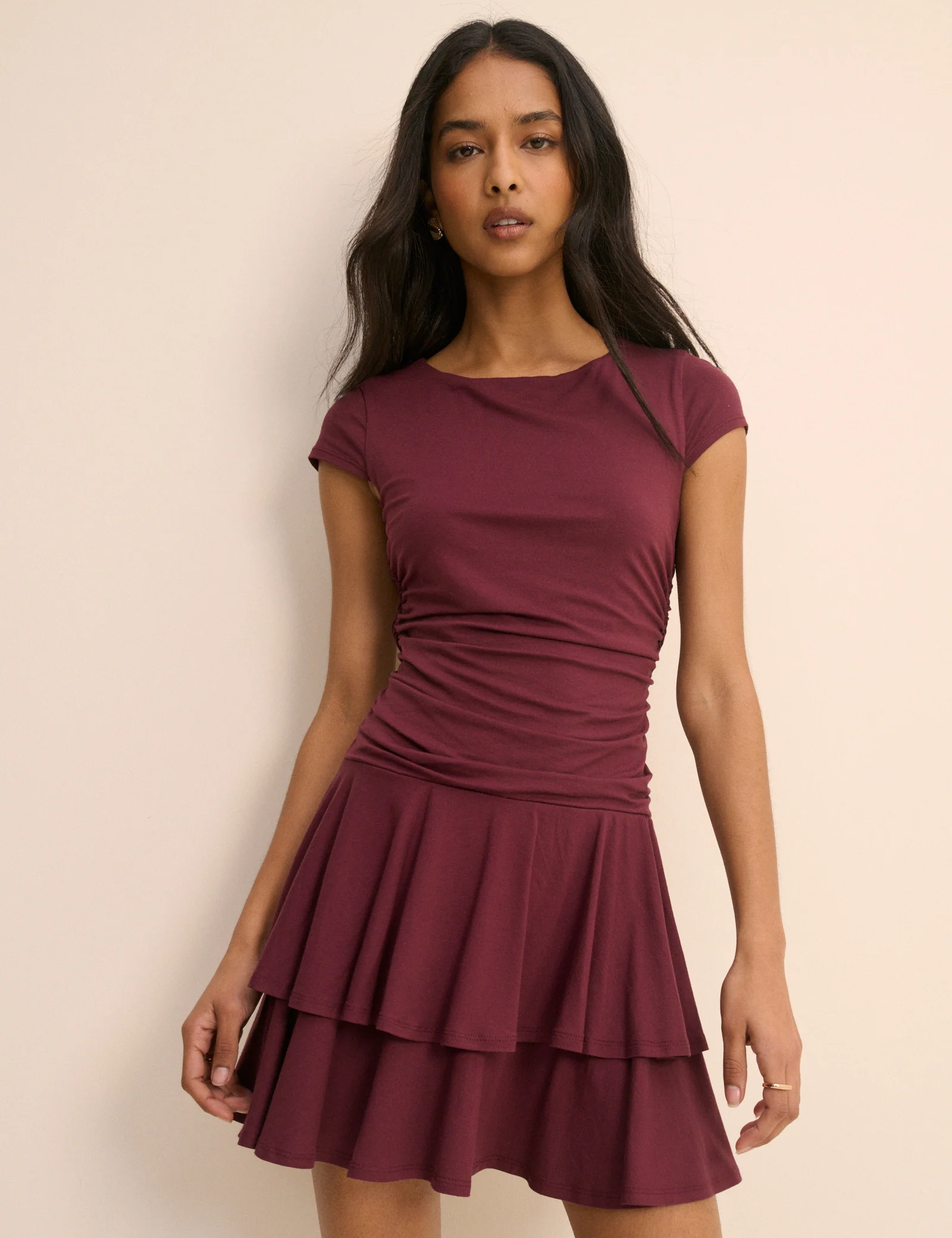 Burgundy Drop Waist Jersey Yuki Mini Dress - Image 2