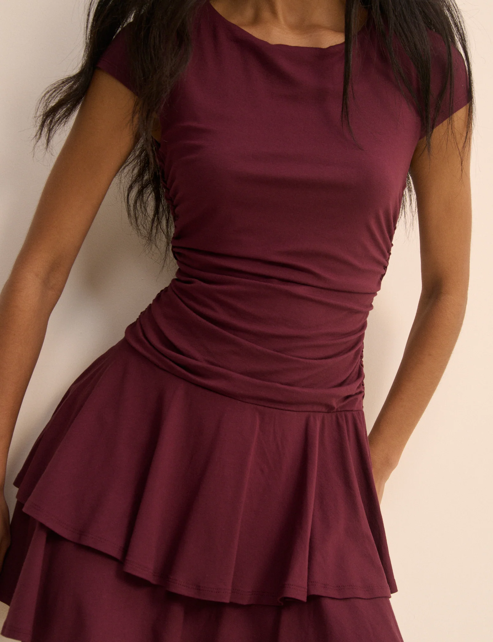 Burgundy Drop Waist Jersey Yuki Mini Dress - Image 3