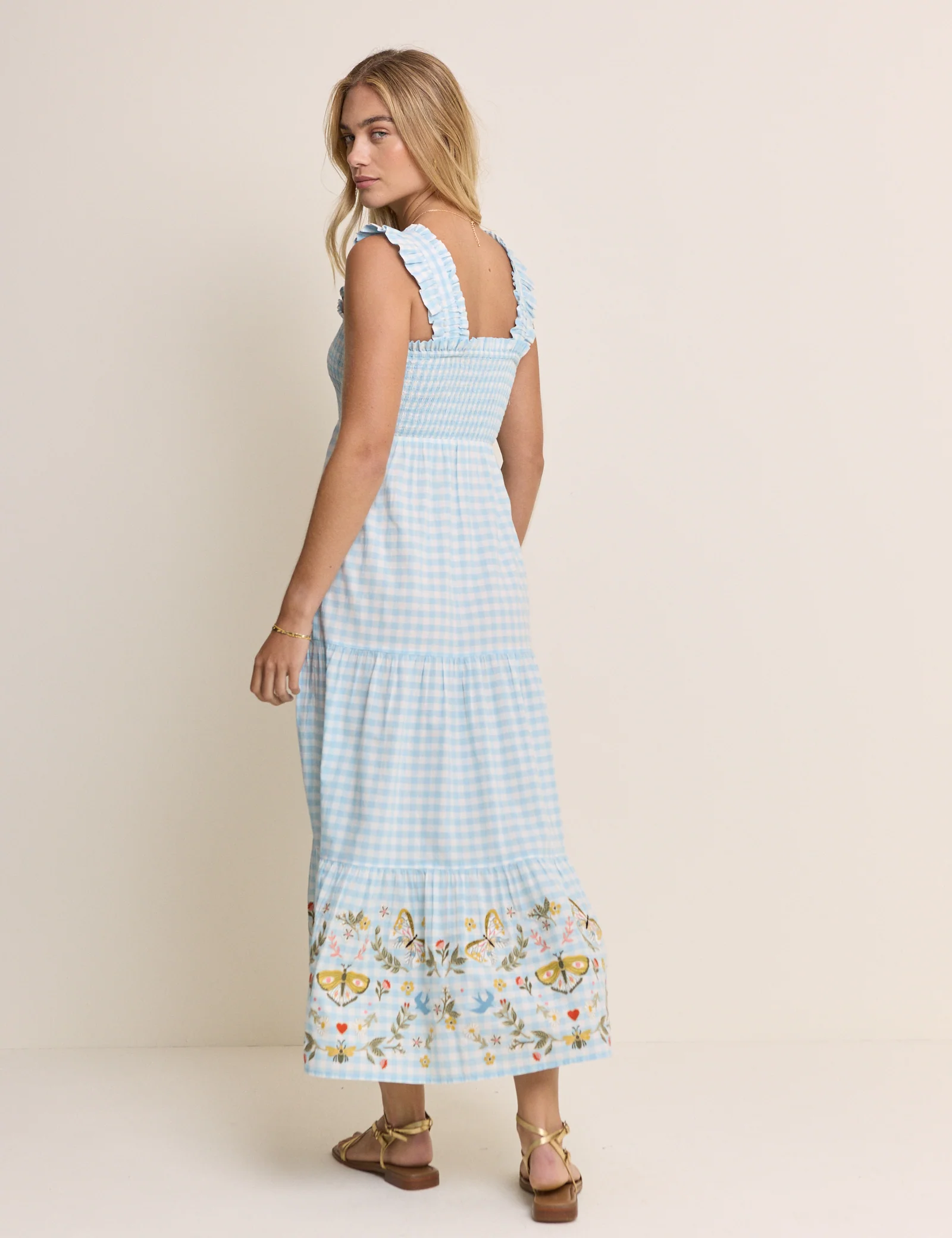 Blue Gingham Embroidered Stacey Midi Dress - Image 5