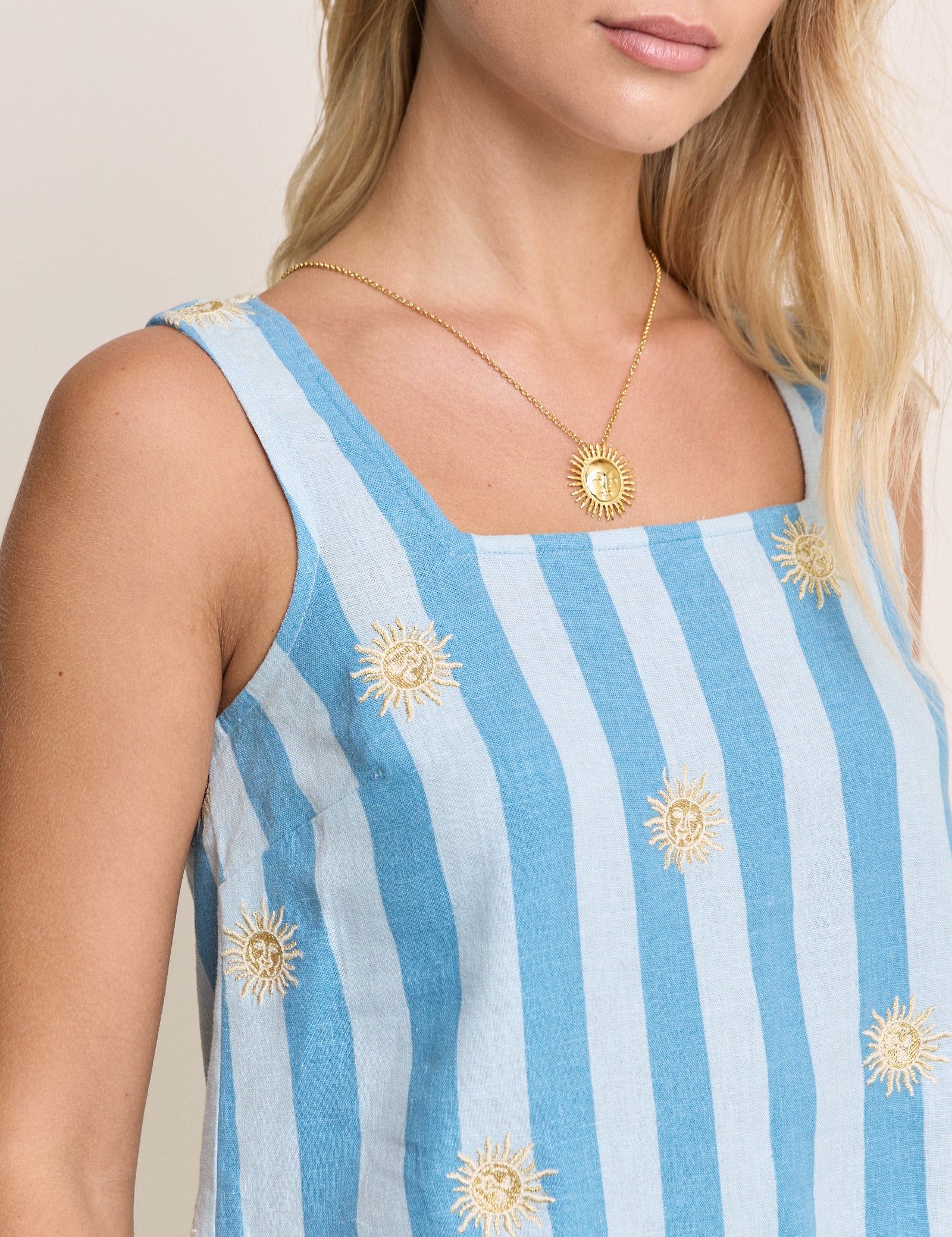 Blue Striped Embroidered Linen-Blend Top - Image 4