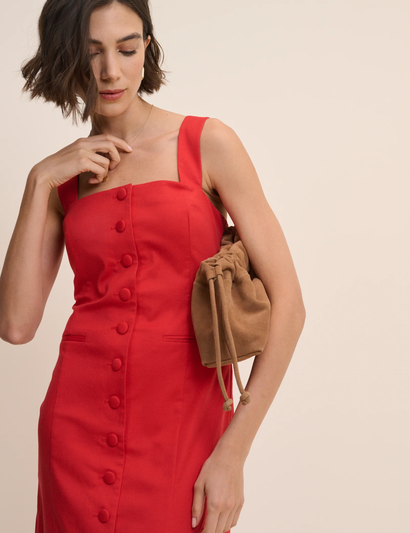 Red Square Neck Tailored Dress - Image 2