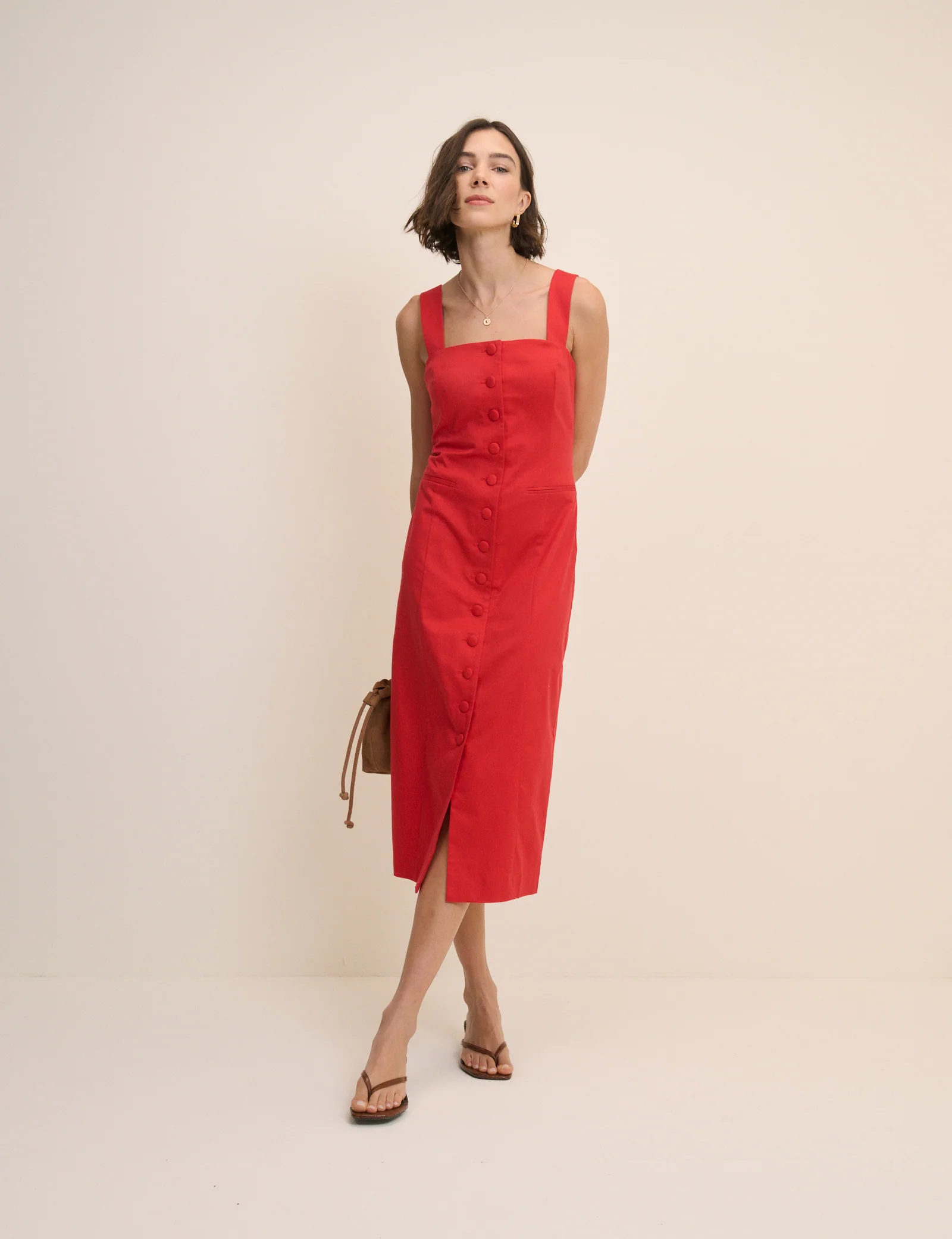 Red Square Neck Tailored Dress - Image 3