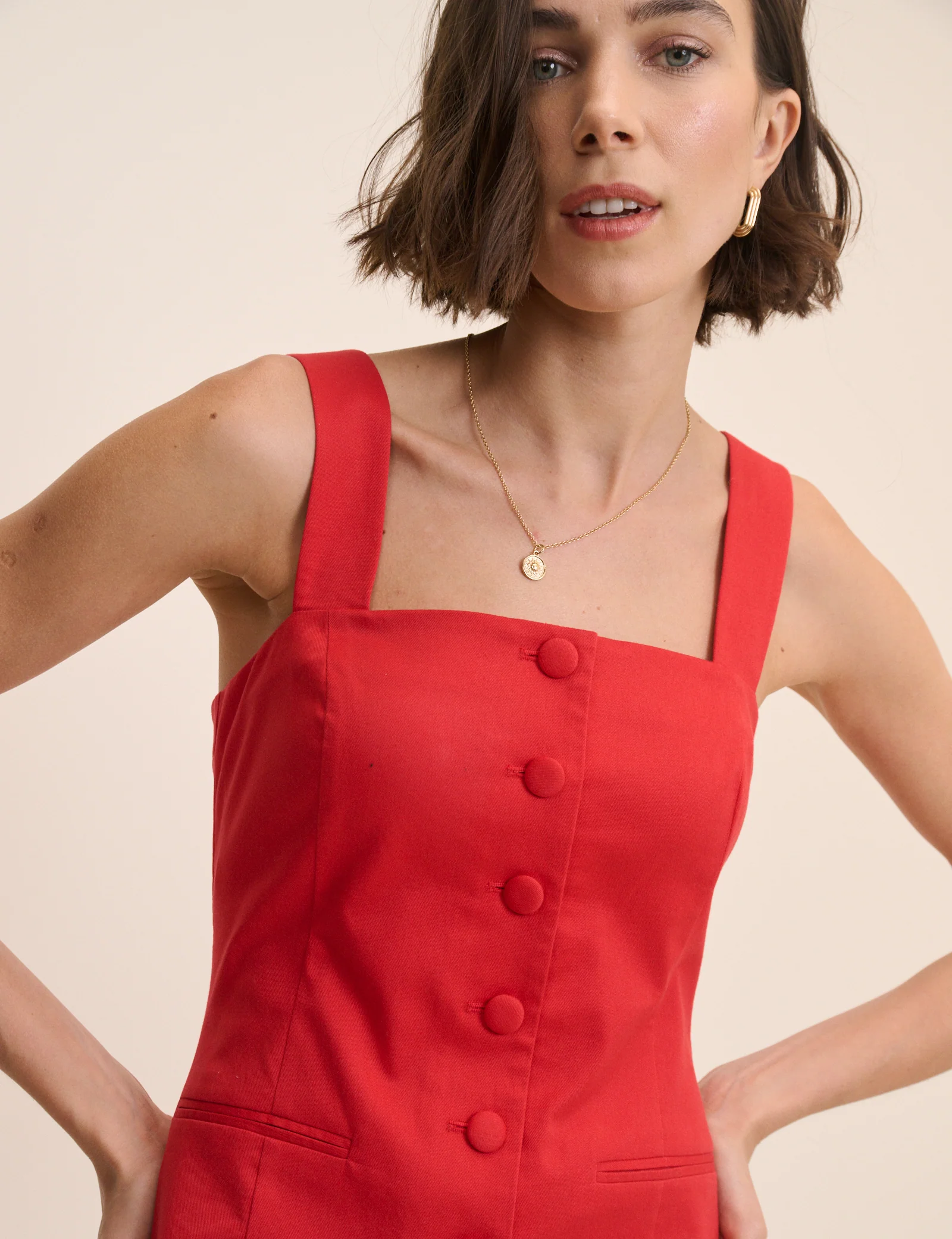 Red Square Neck Tailored Dress - Image 4