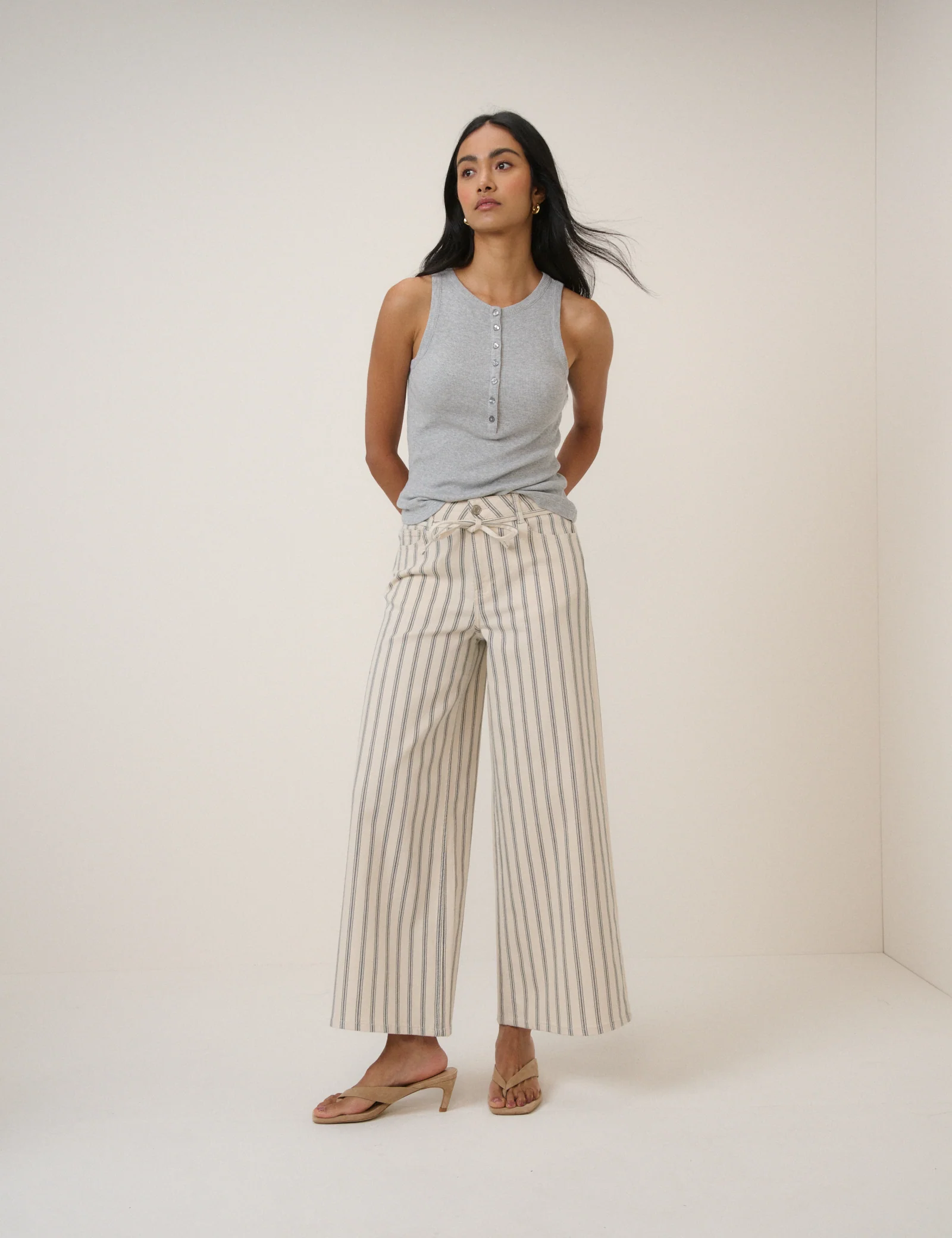 Ecru Striped Cropped Soho Wide Jeans