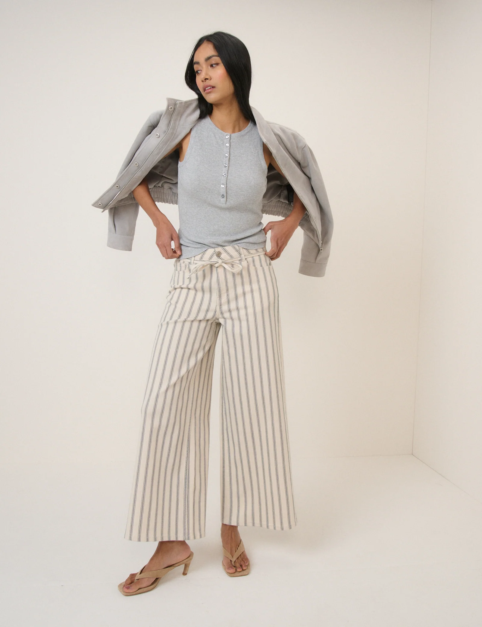Ecru Striped Cropped Soho Wide Jeans - Image 3