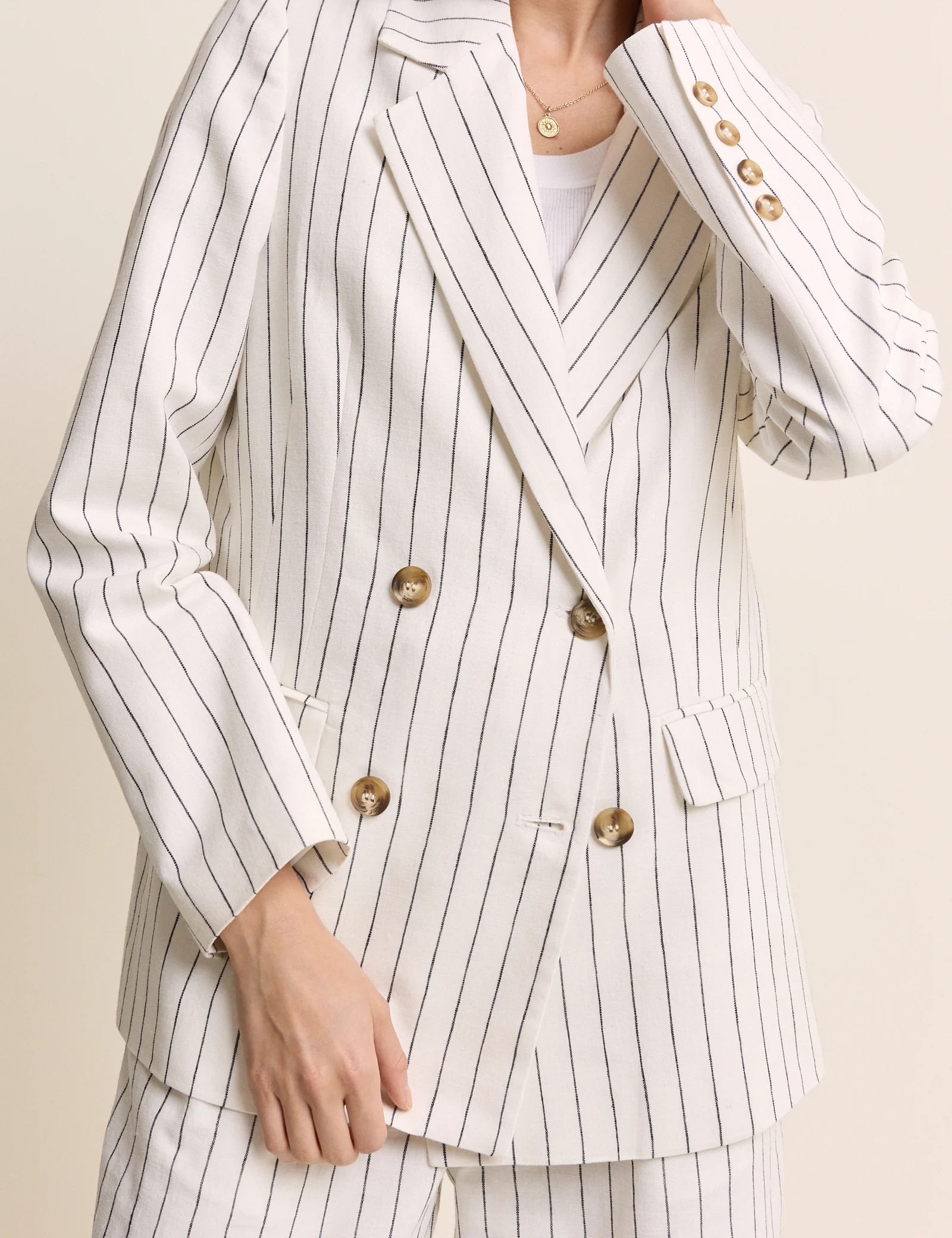 White Pinstripe Double Breasted Blazer - Image 2