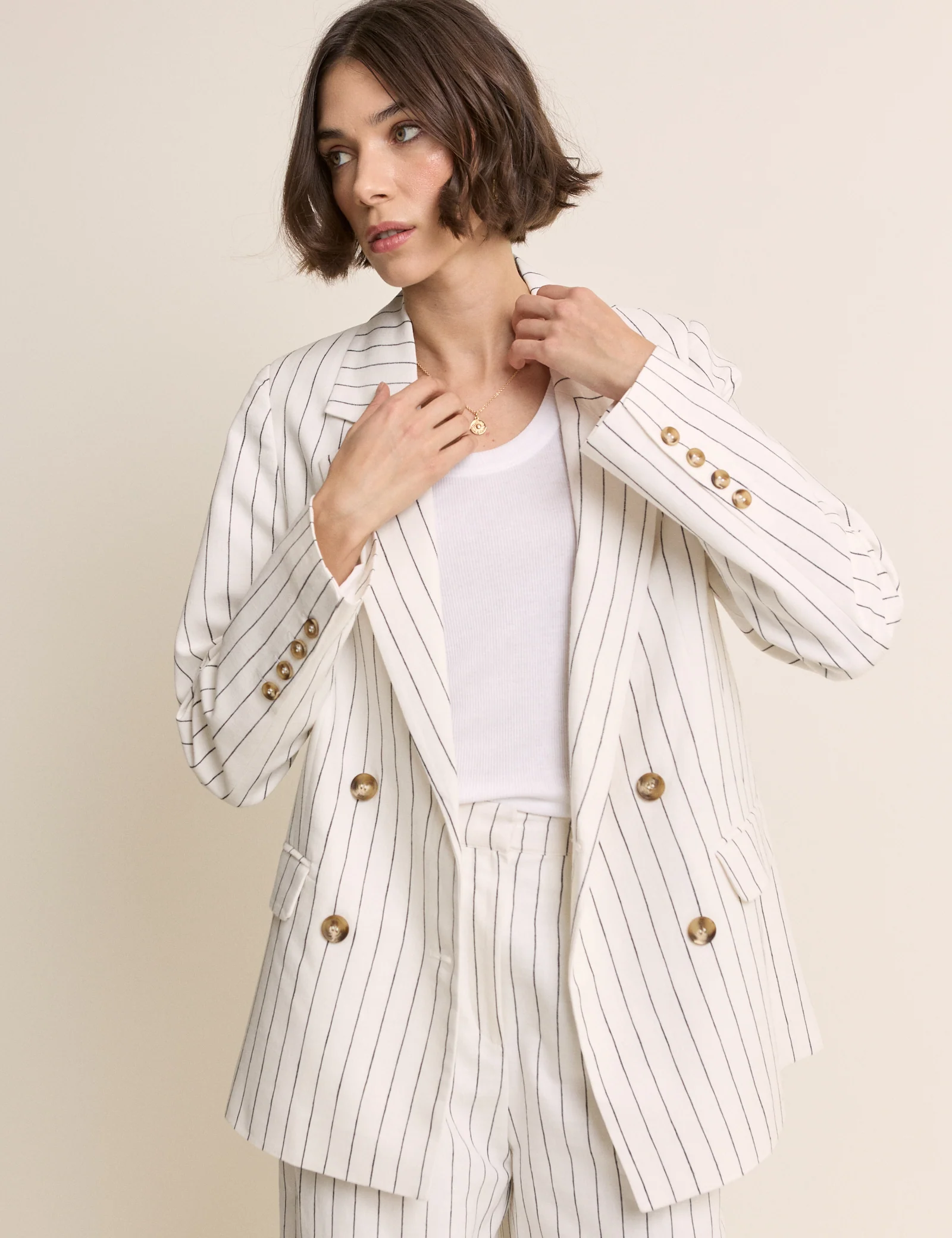 White Pinstripe Double Breasted Blazer - Image 5
