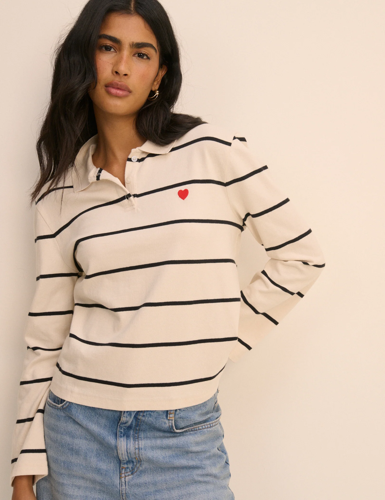 Cream Striped Long Sleeve Polo Top - Image 2