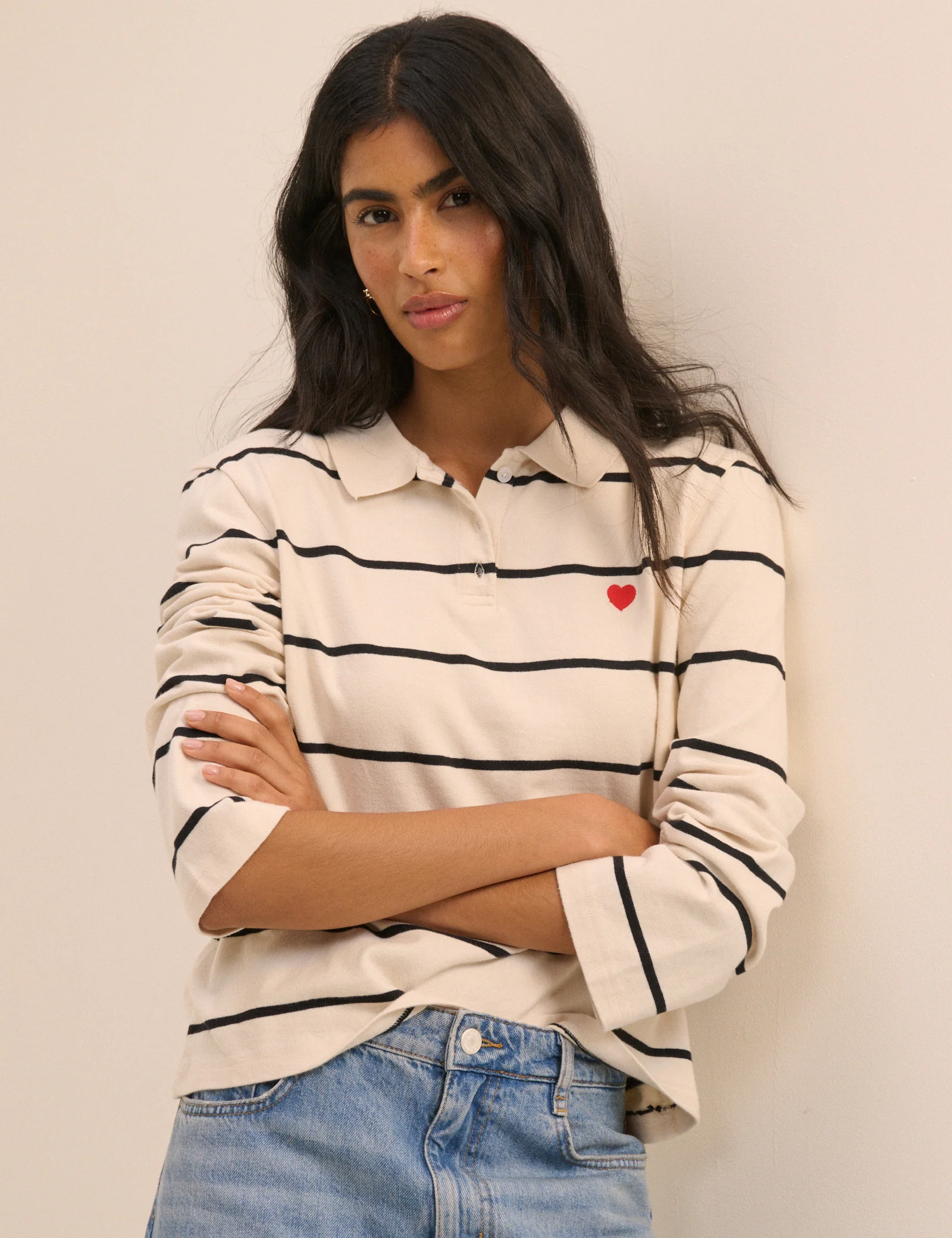 Cream Striped Long Sleeve Polo Top - Image 4