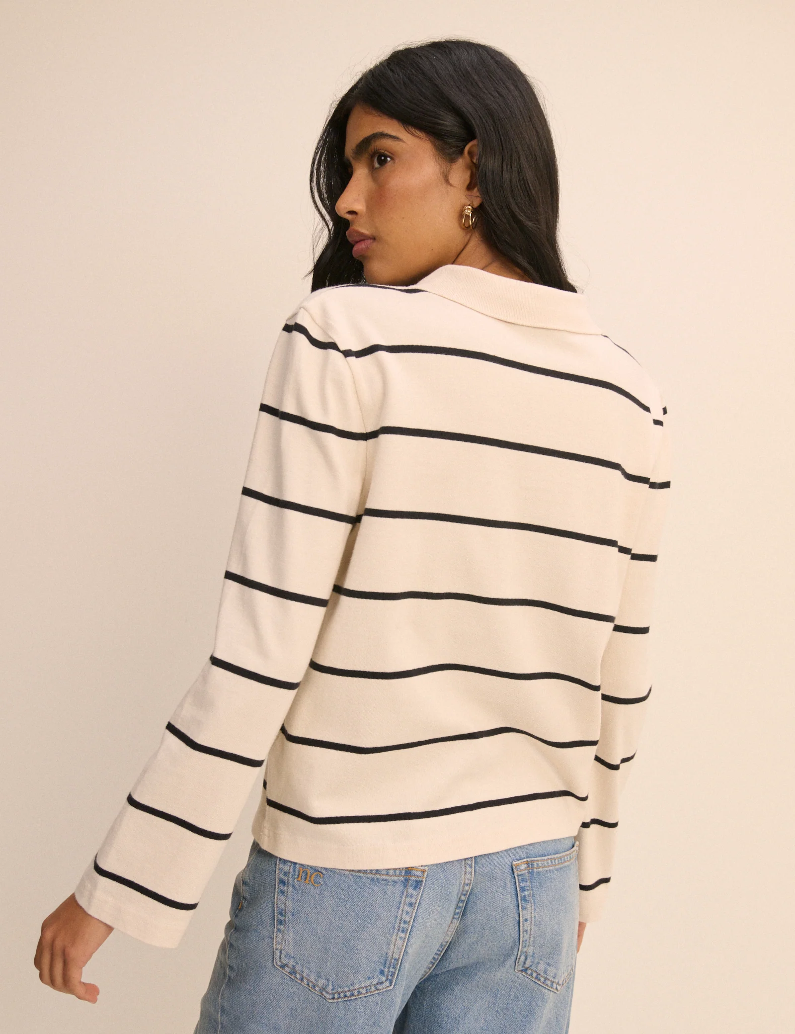 Cream Striped Long Sleeve Polo Top - Image 5