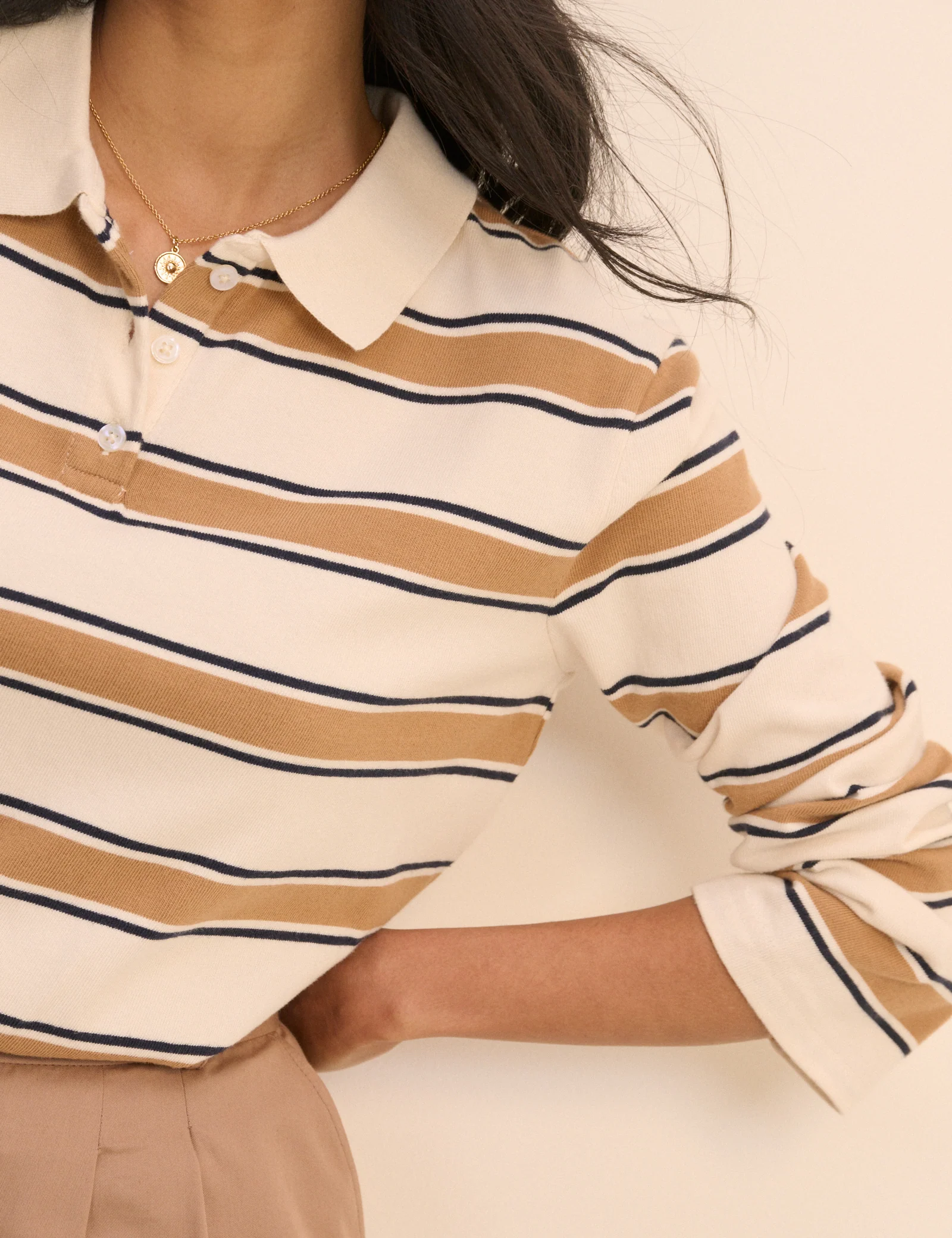 White and Brown Striped Long Sleeve Polo Top - Image 2