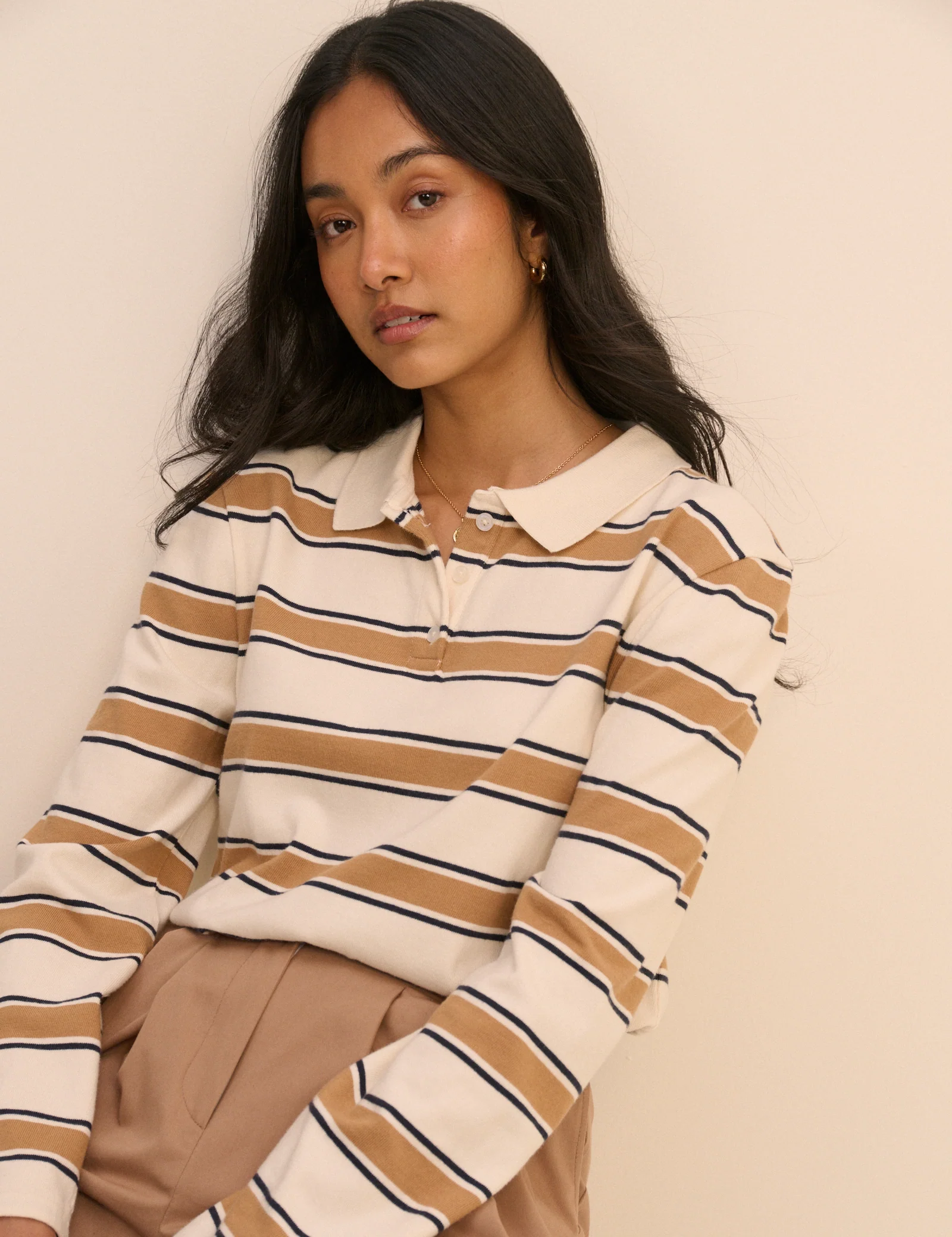 White and Brown Striped Long Sleeve Polo Top - Image 3