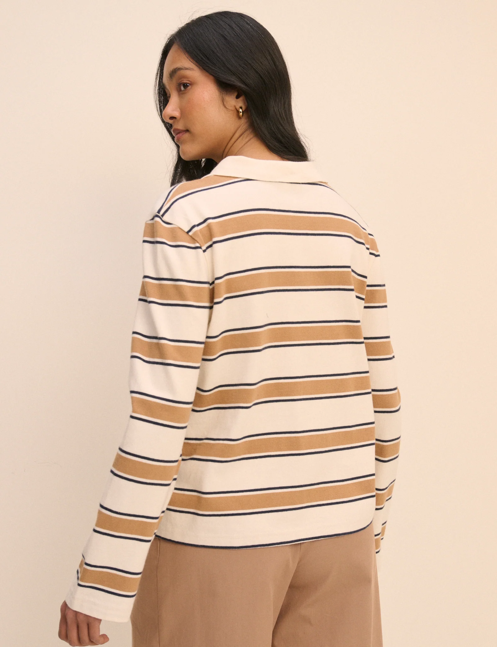 White and Brown Striped Long Sleeve Polo Top - Image 4