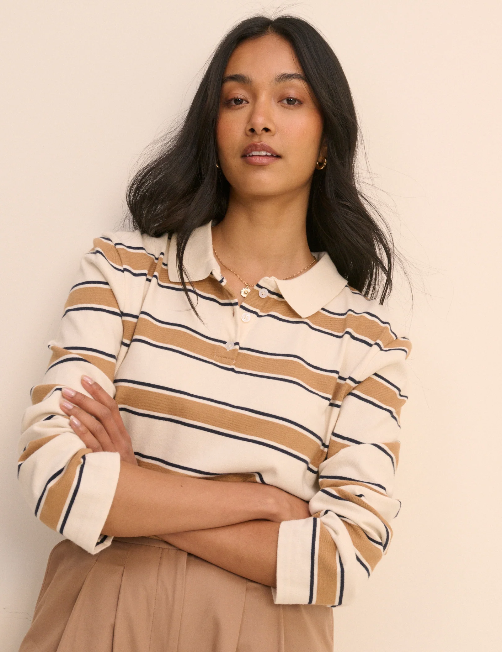 White and Brown Striped Long Sleeve Polo Top - Image 5