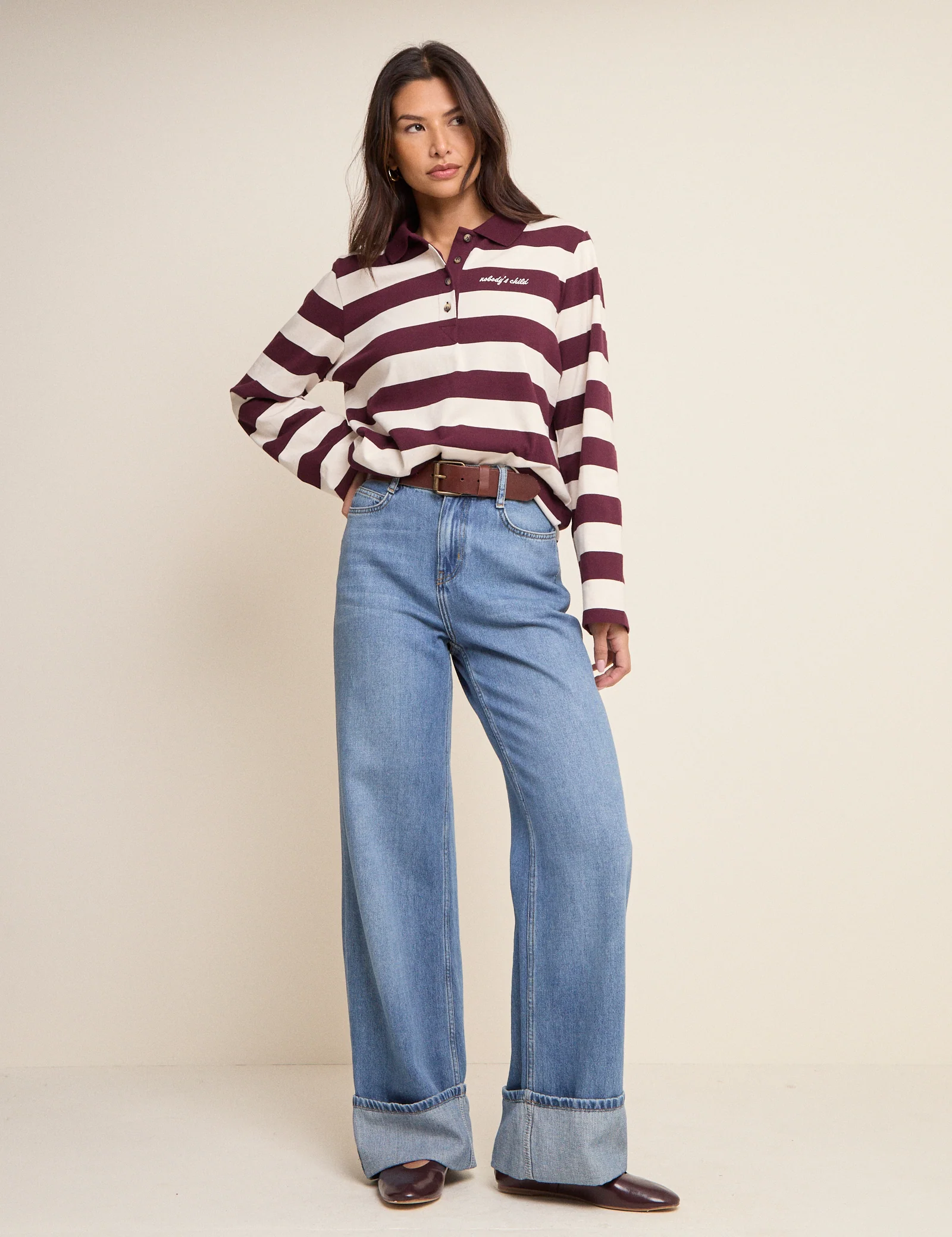Burgundy Striped Long Sleeve Polo Top - Image 3