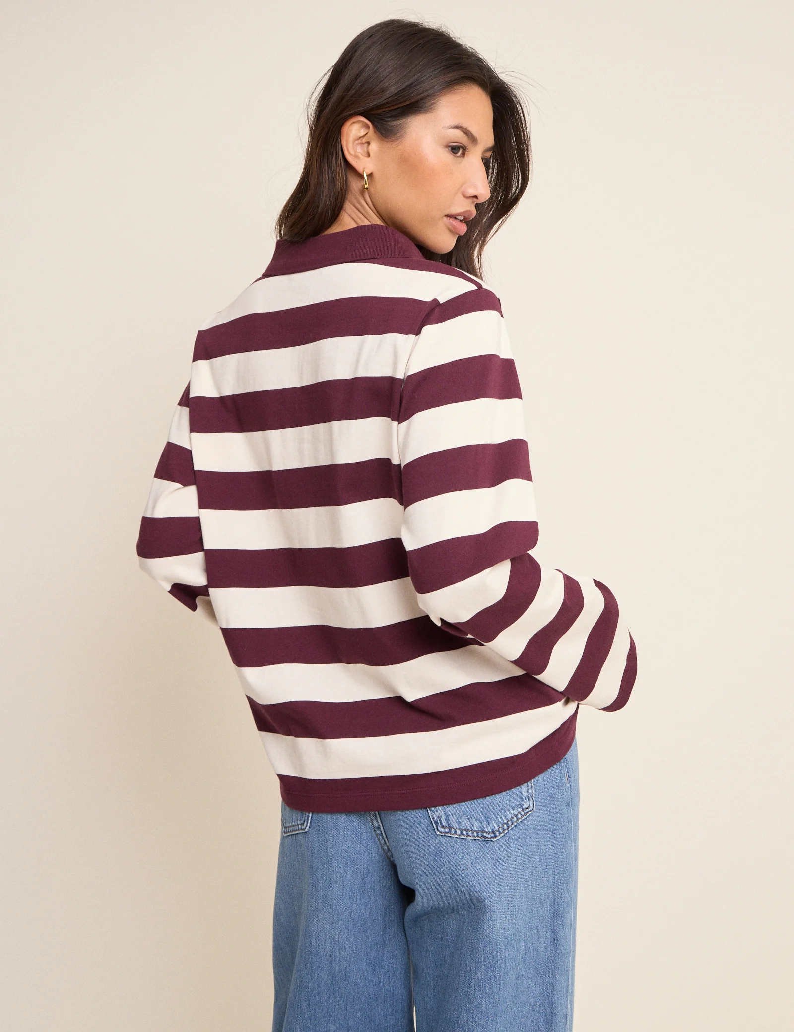 Burgundy Striped Long Sleeve Polo Top - Image 4