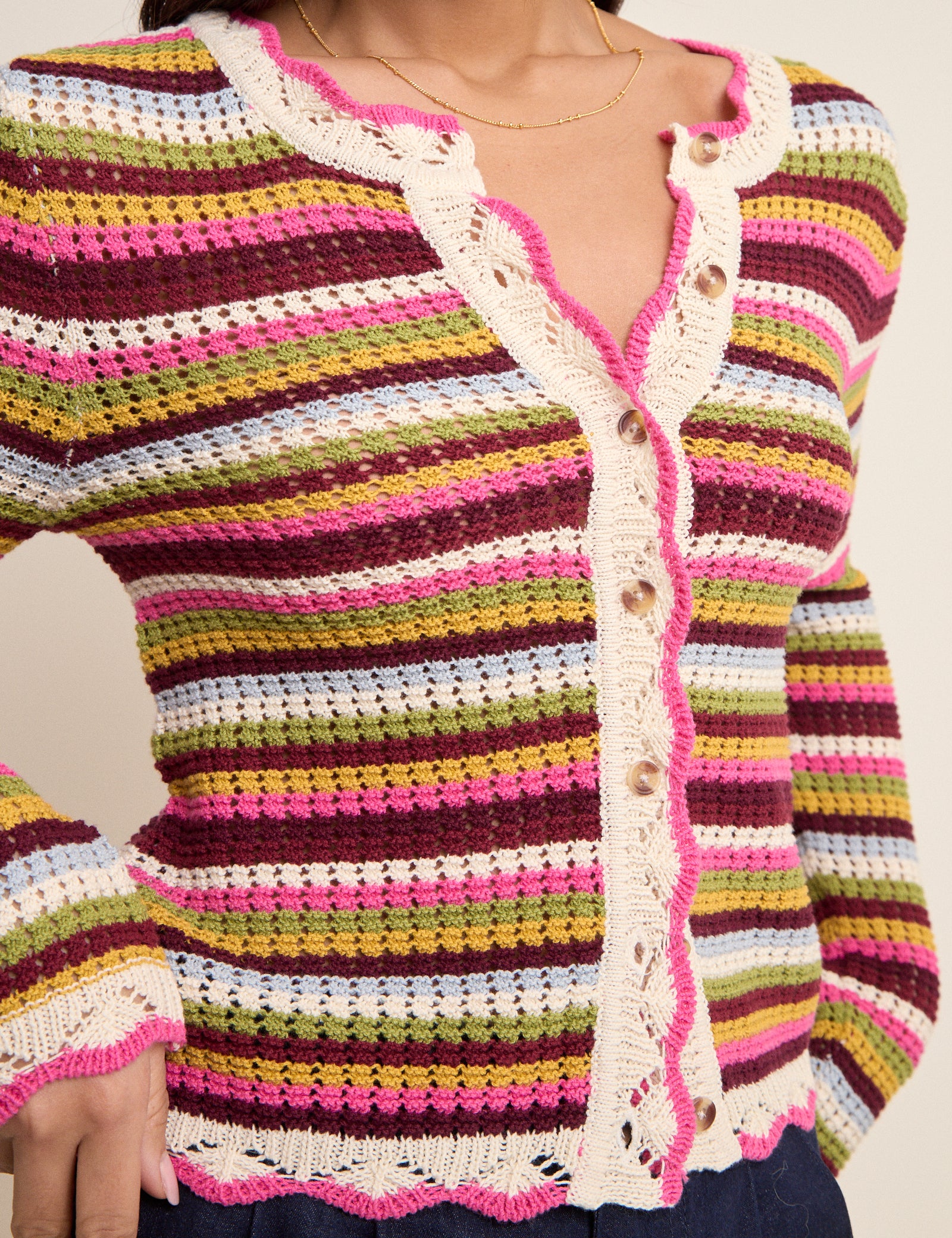 Multi-Coloured Striped Scallop Crochet Cardigan - Image 2