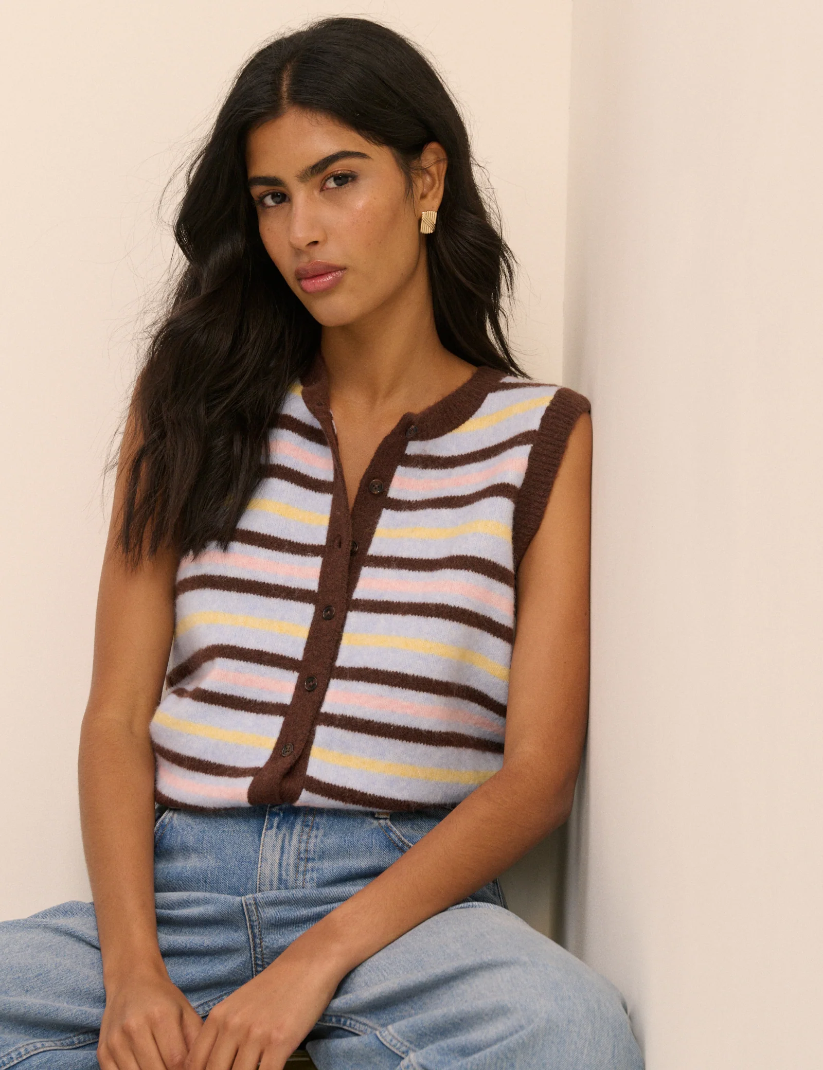 Blue and Brown Stripe Button Through Vest - Image 4