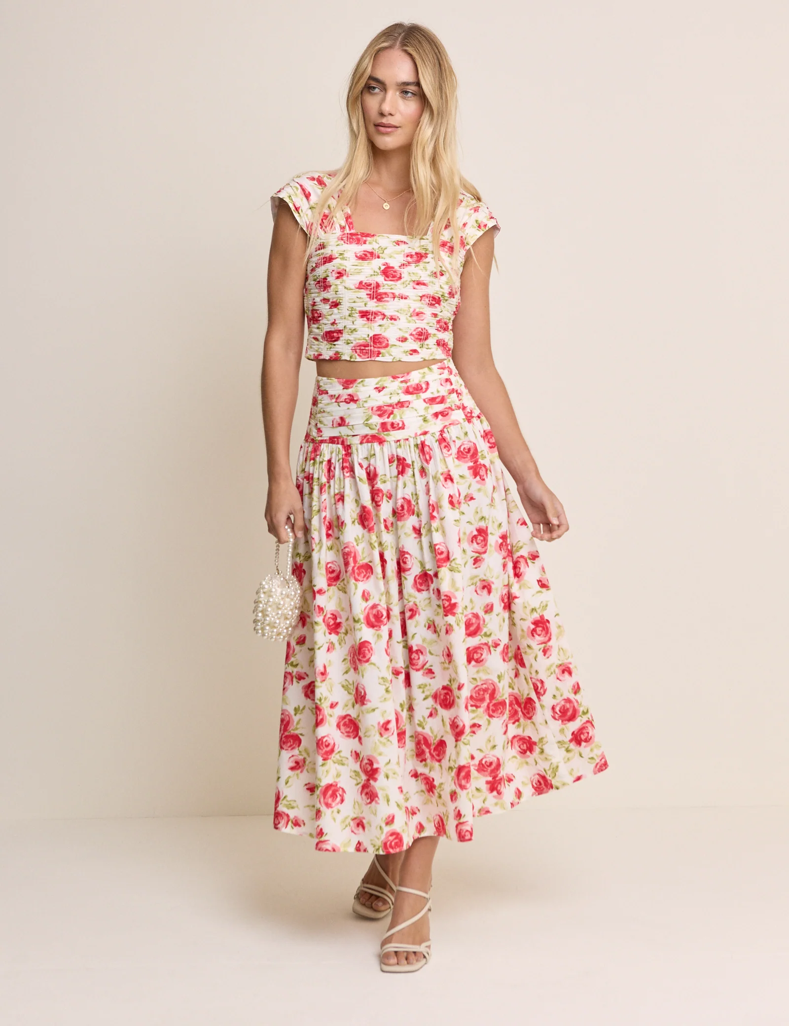 White and Red Floral Pleated Maxi Skirt