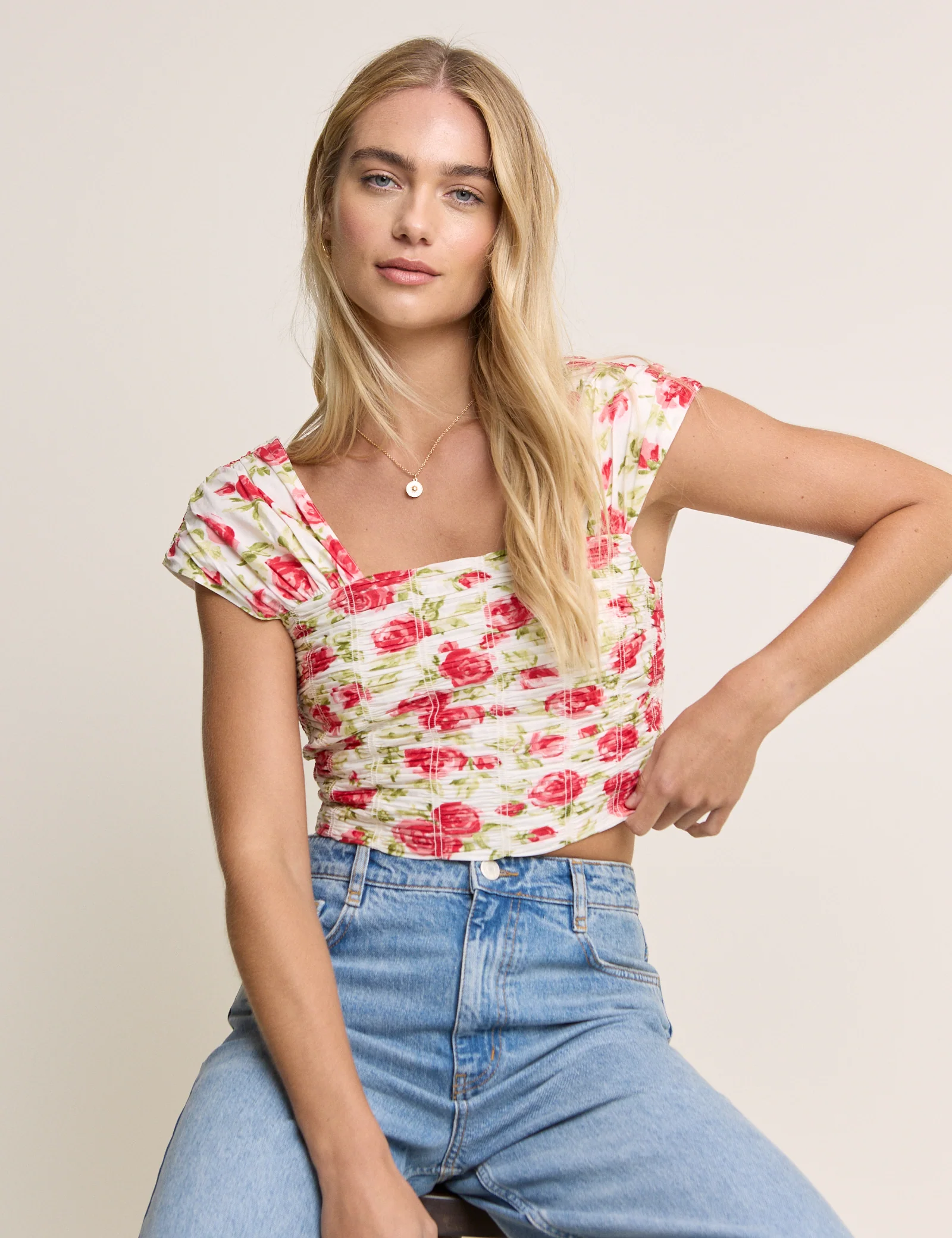 White and Red Floral Cropped Top - Image 5