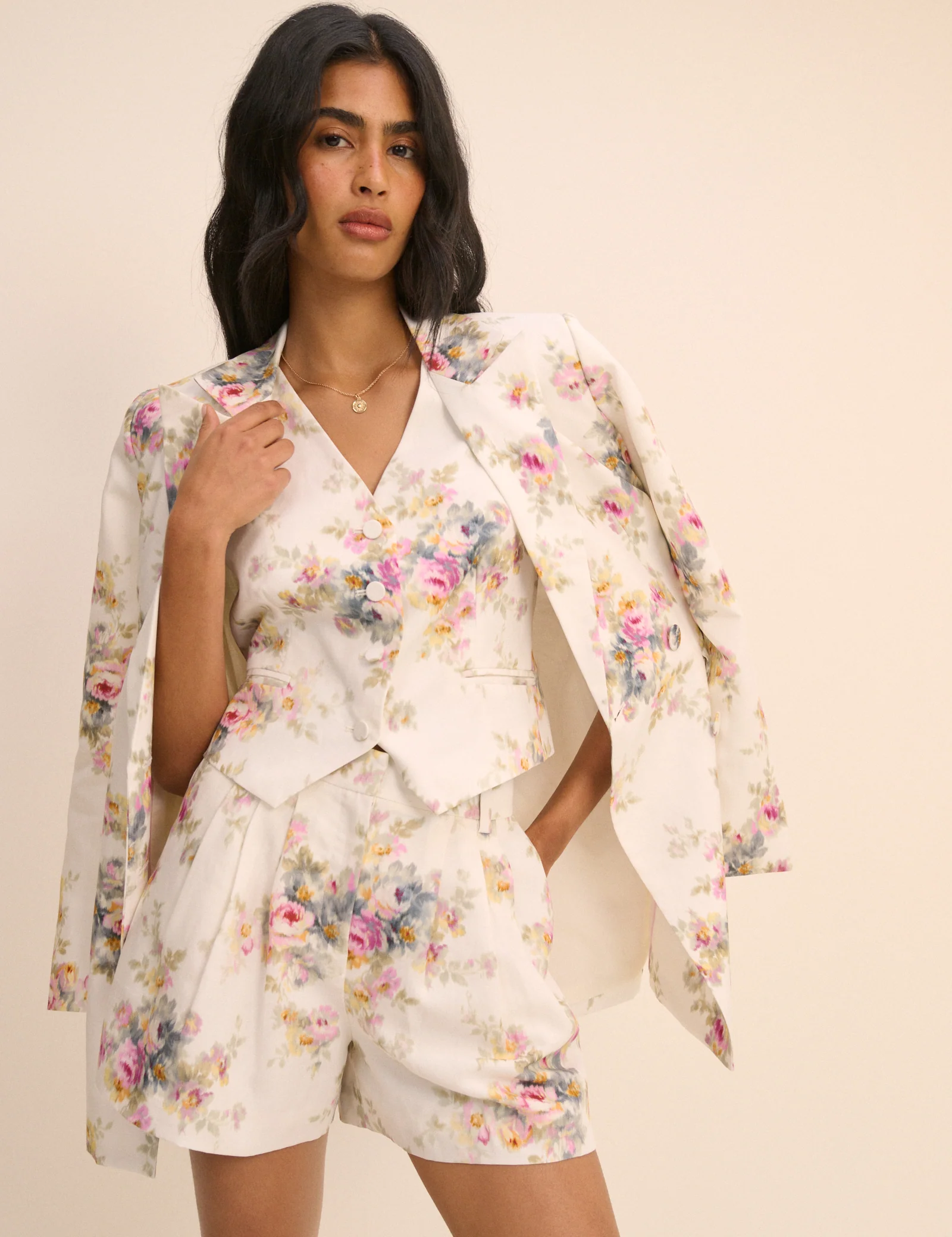 White Floral Linen-Blend Double-Breasted Suki Blazer - Image 7