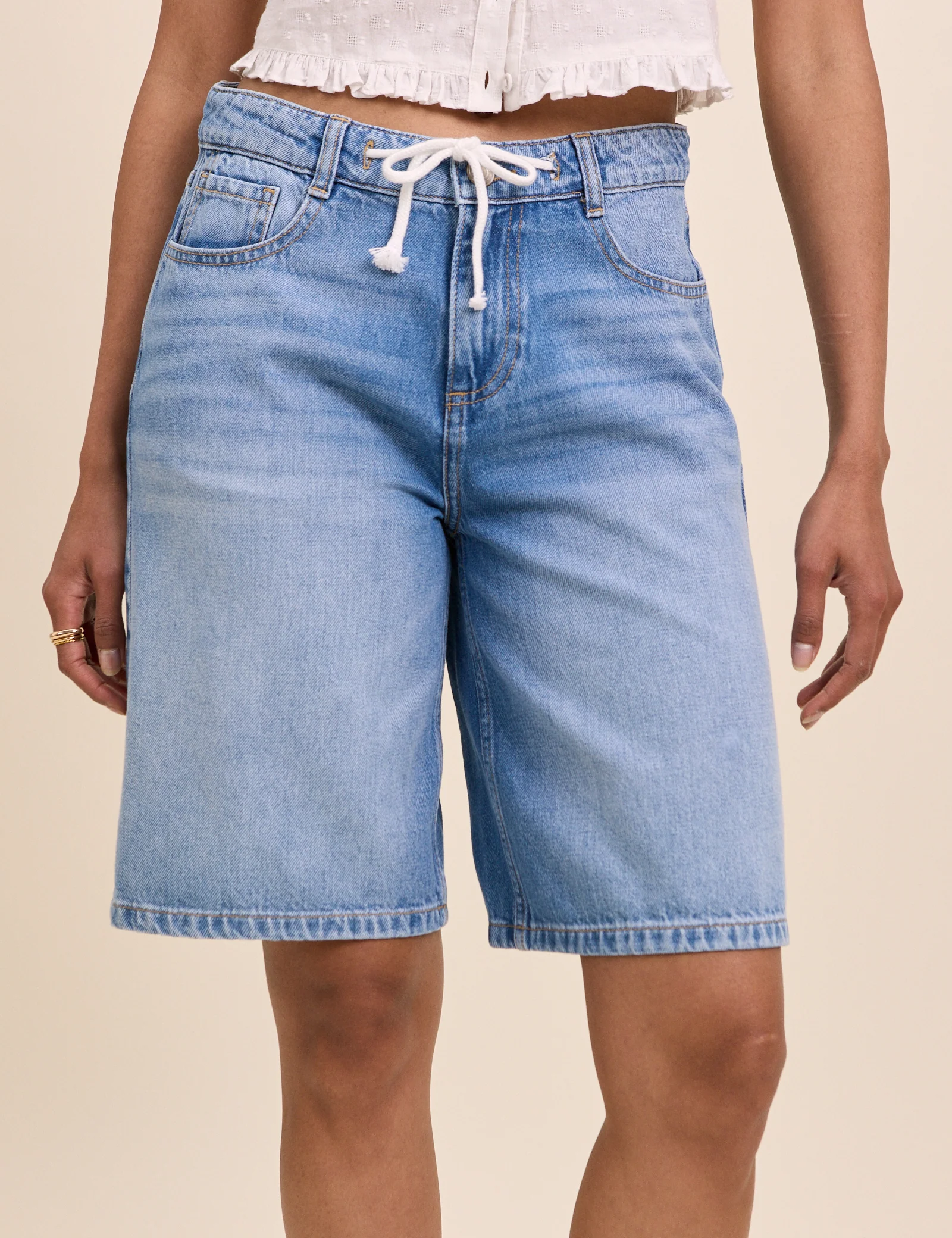 Blue Drawstring Bermuda Denim Shorts - Image 2