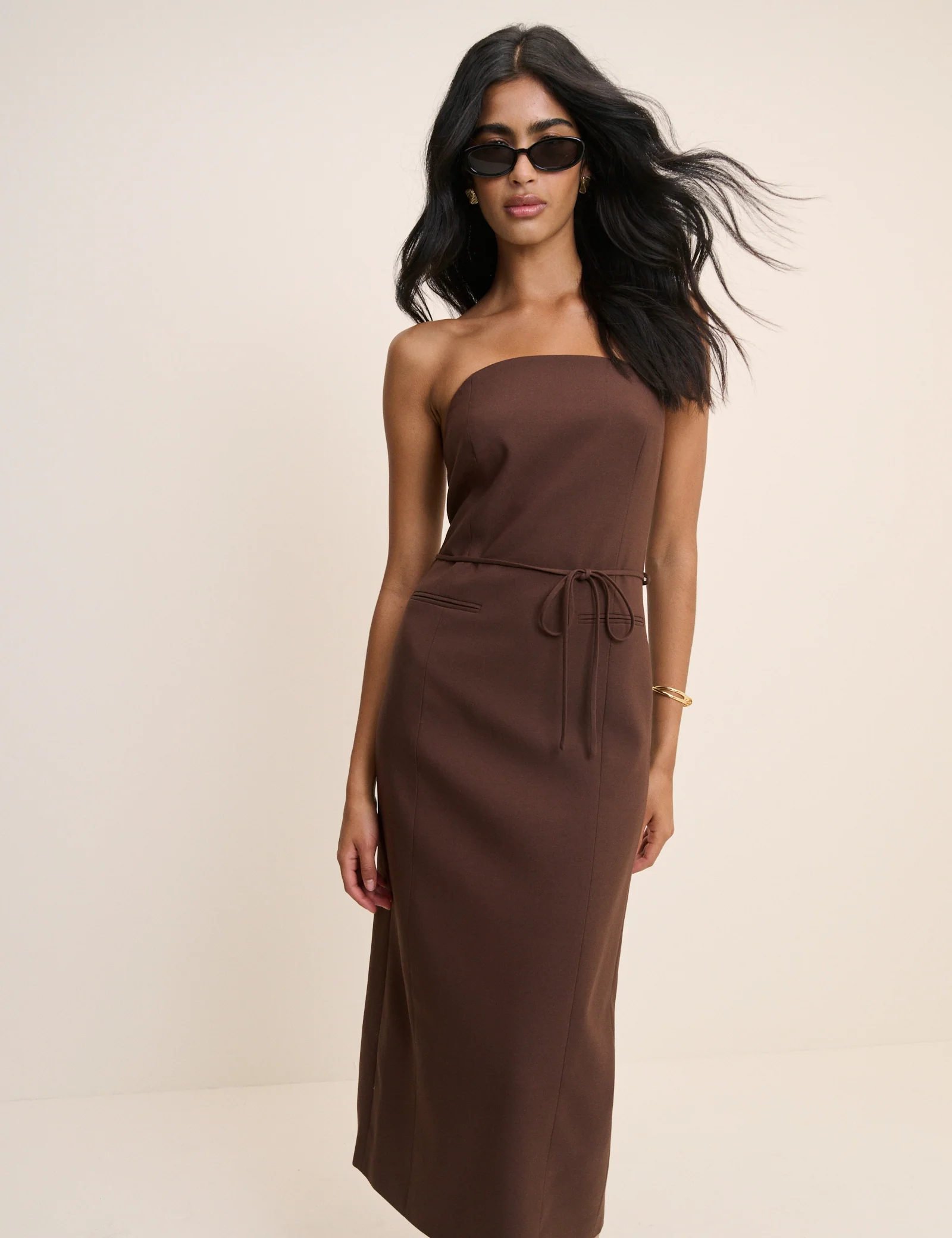 Brown Tailored Bandeau Midi Dress - Image 2